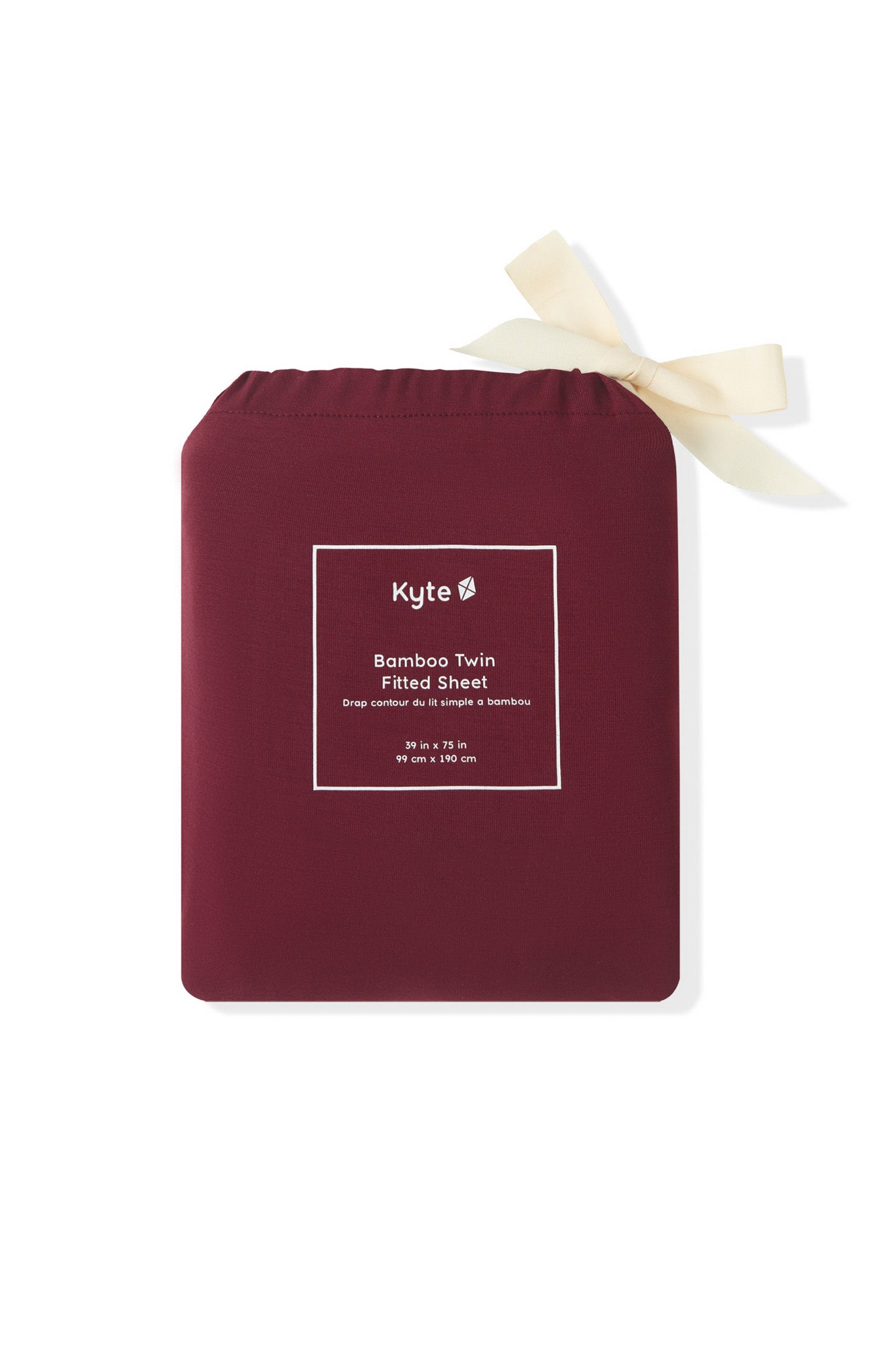 Twin Sheet in Burgundy packed in a burgundy bag on a white background