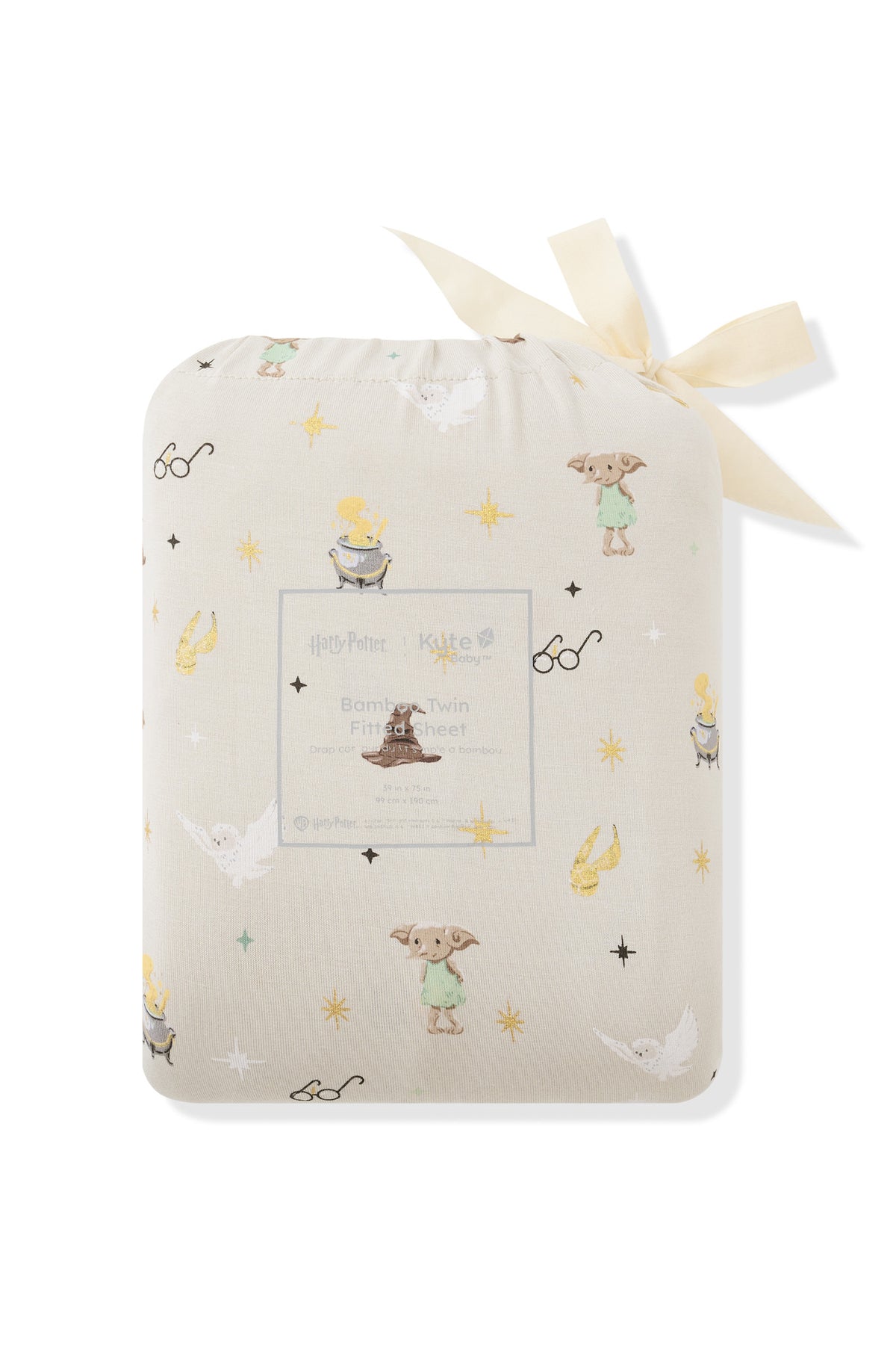 Beige Twin sheet packed in a bag with Harry Potter patten print on a white background