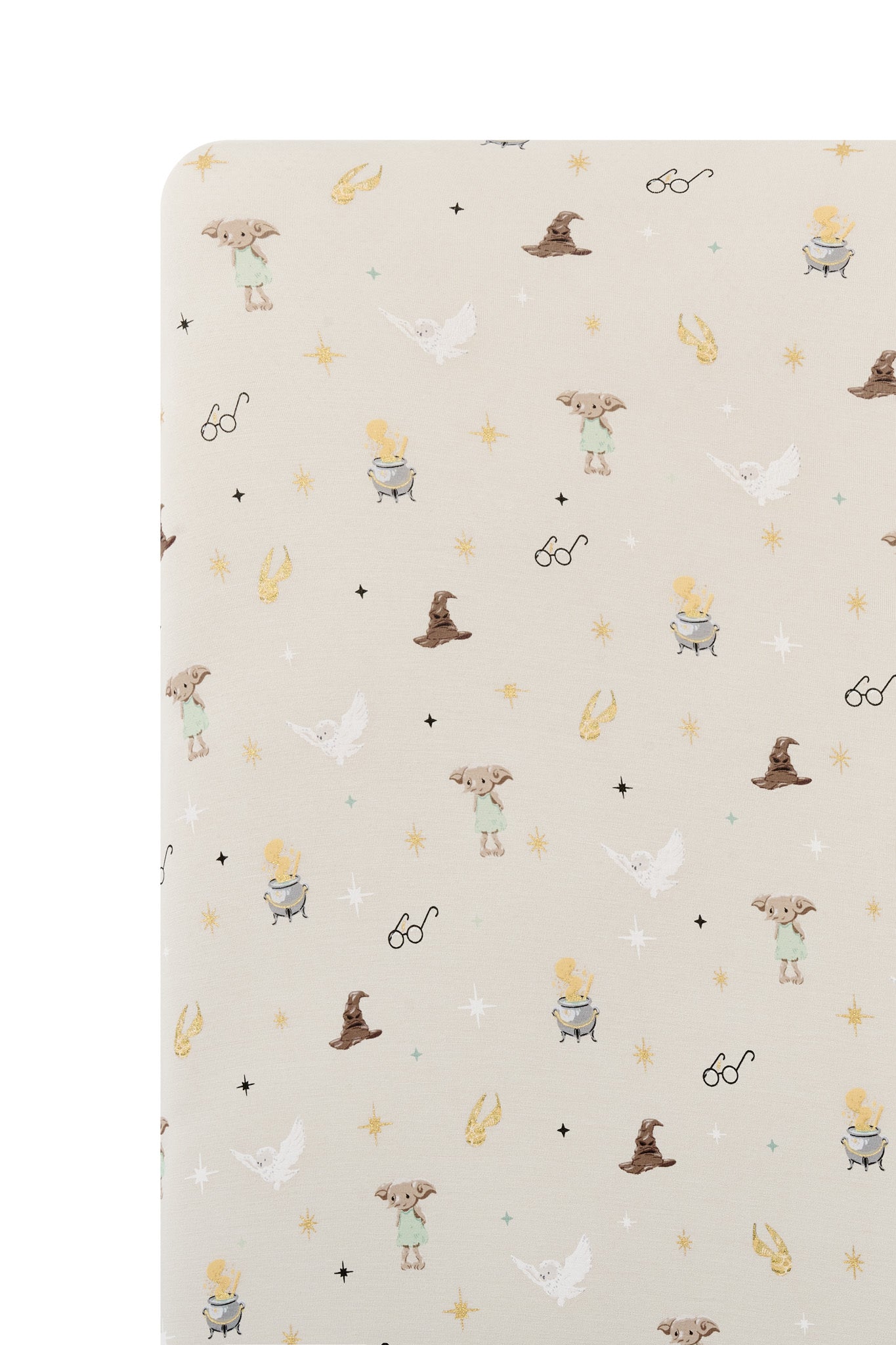 Close up of Beige Crib sheet with Harry Potter patten print on a white background