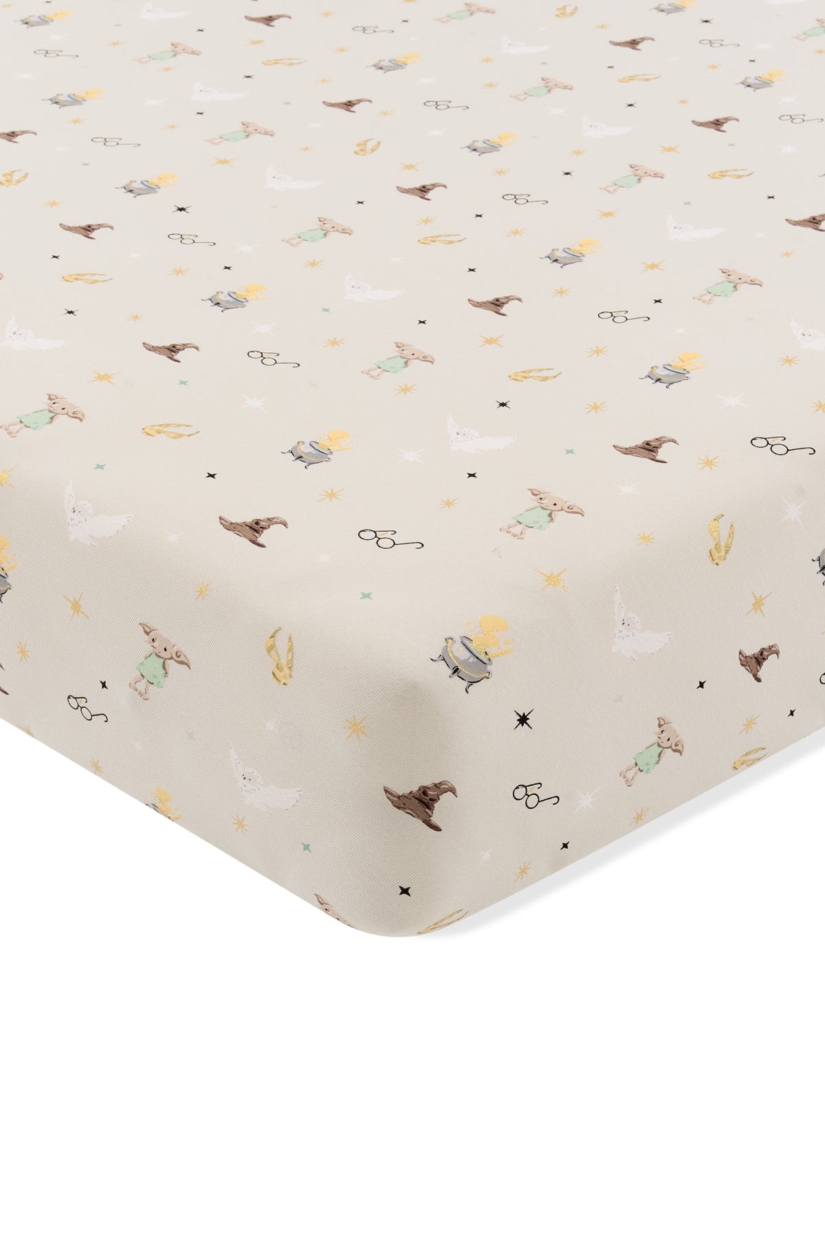 Beige Twin sheet with Harry Potter patten print on a white background