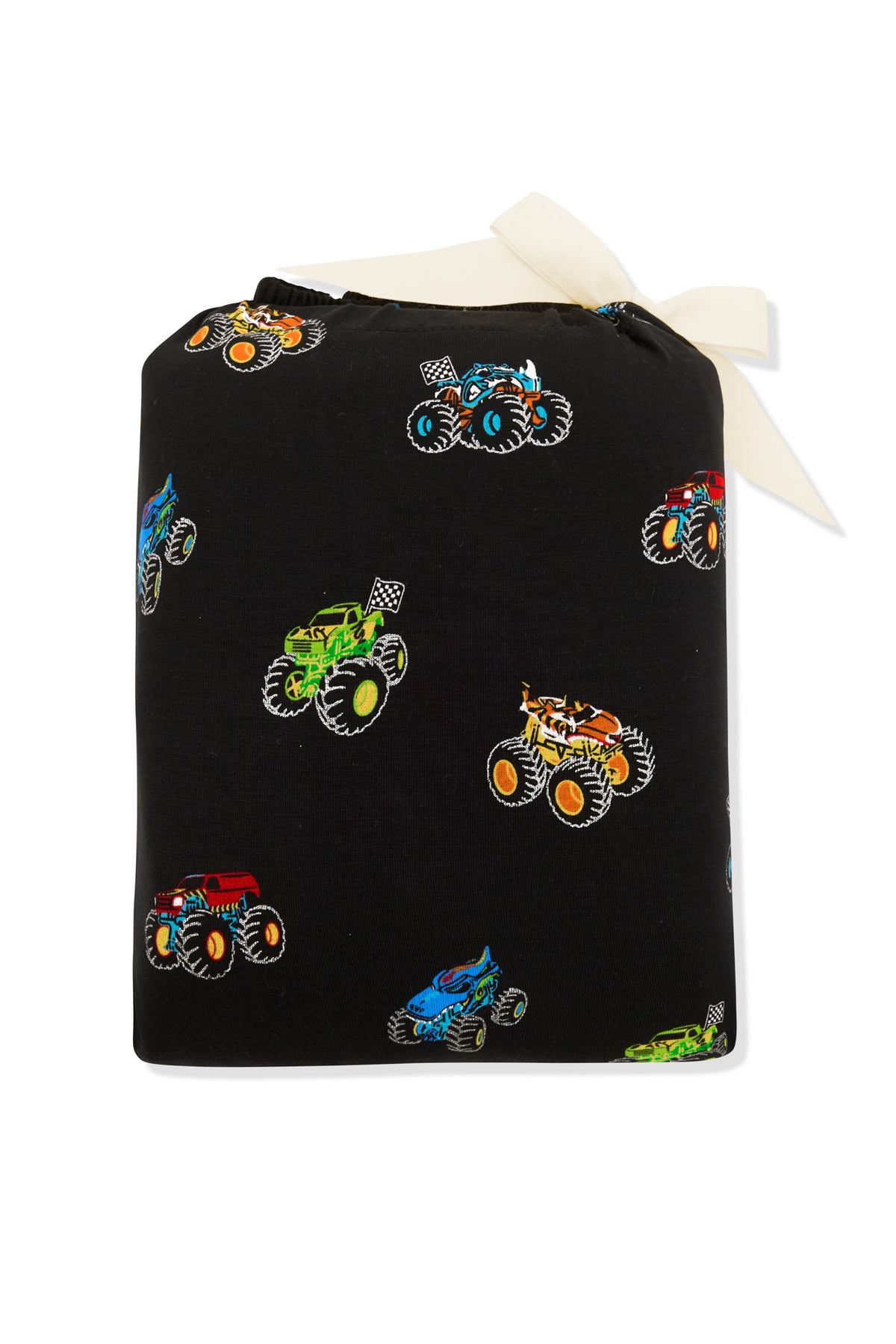 Twin Sheet packed in a colorful Monster Truck print bag on a white background