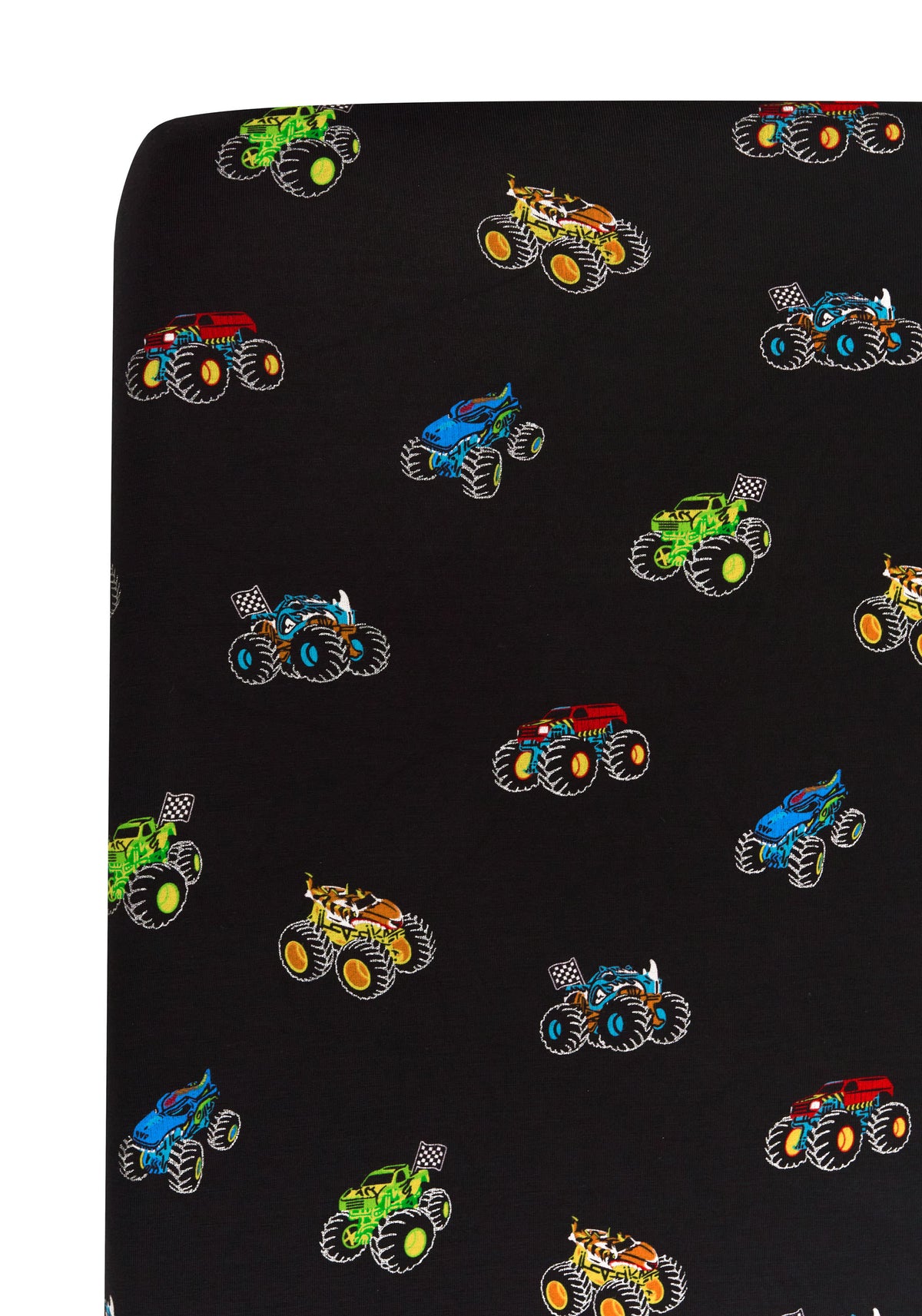 Close up of Twin Sheet with colorful Monster Truck print on white background