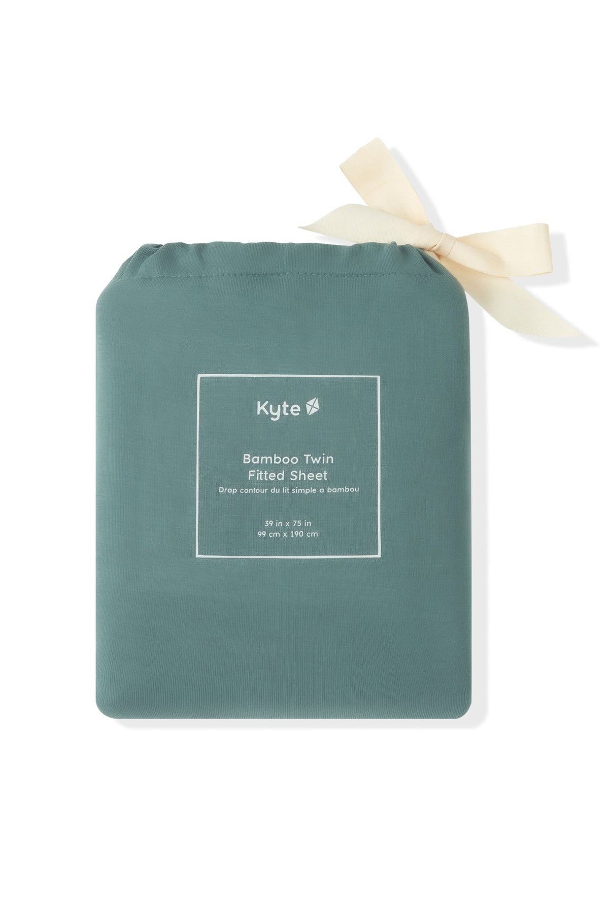 Twin Sheet in Pine packed in a burgundy bag on a white background
