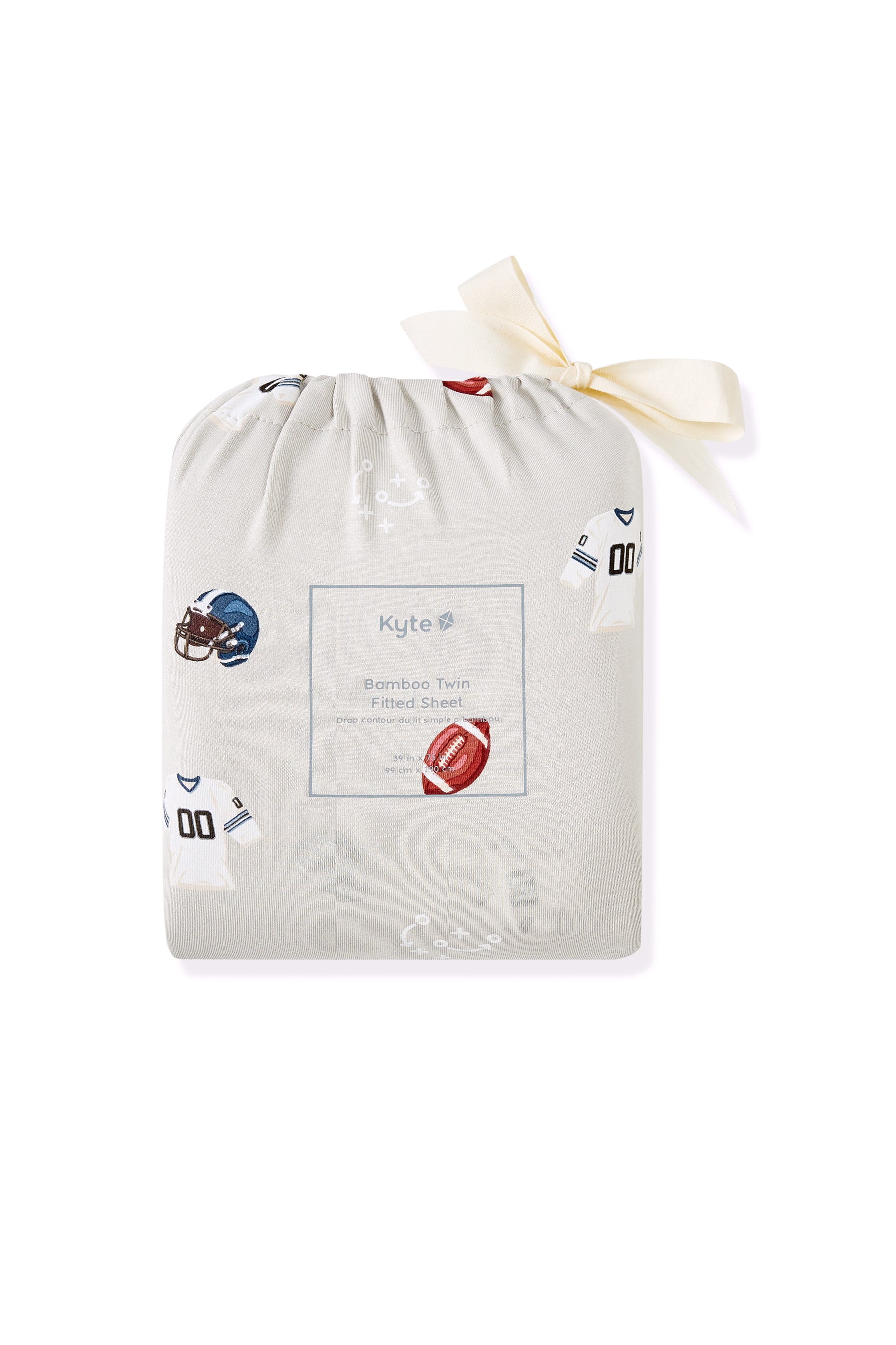 Twin Sheet packed in a bag with Vintage Football print on a white background