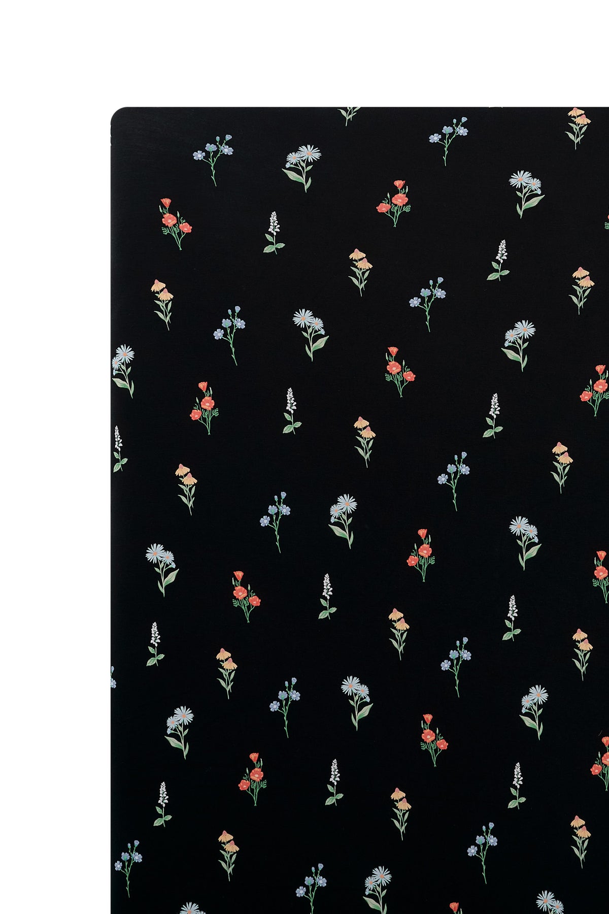 Black Twin Sheet in Wildflower print on a white background
