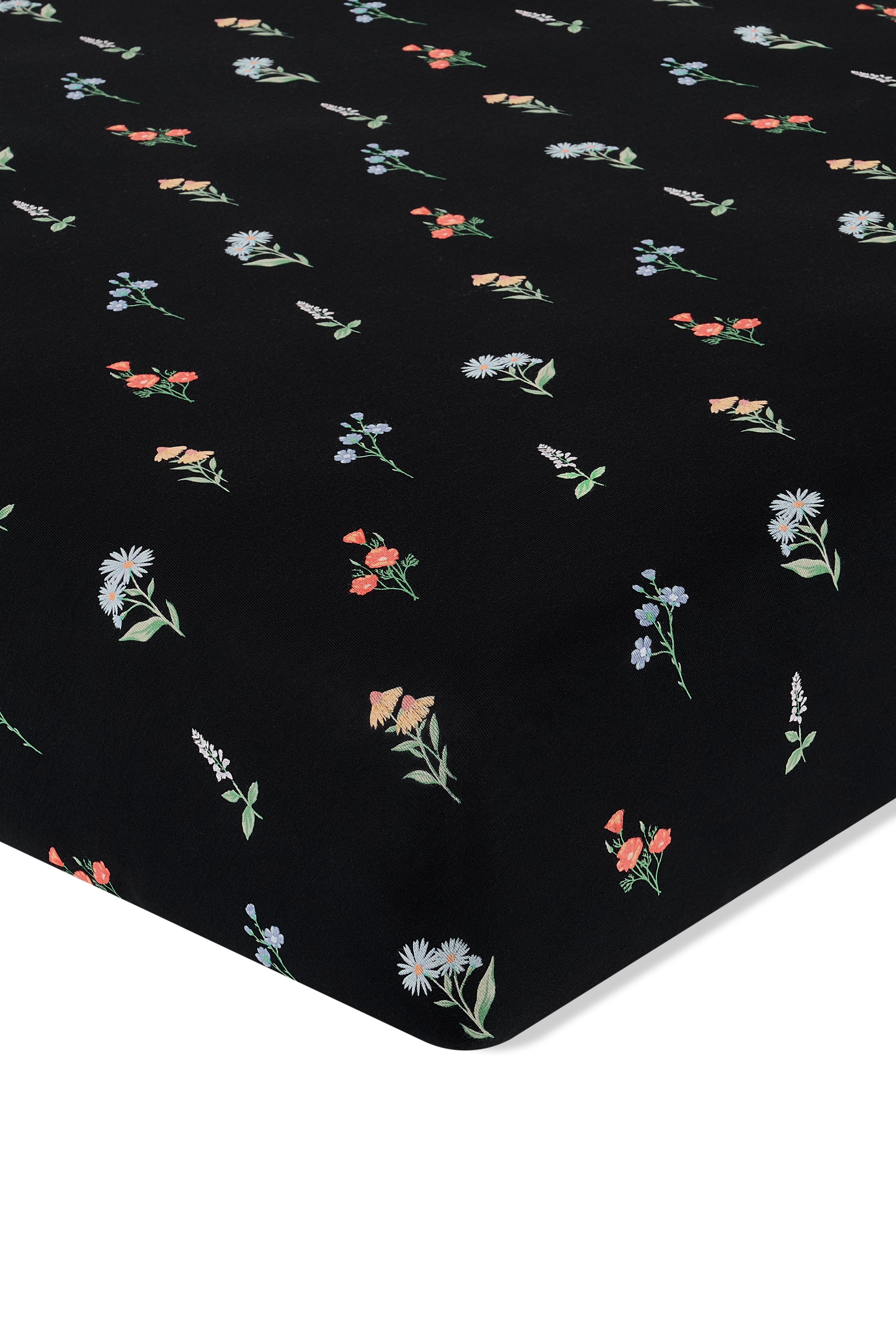 Black Twin Sheet in Wildflower print on a white background