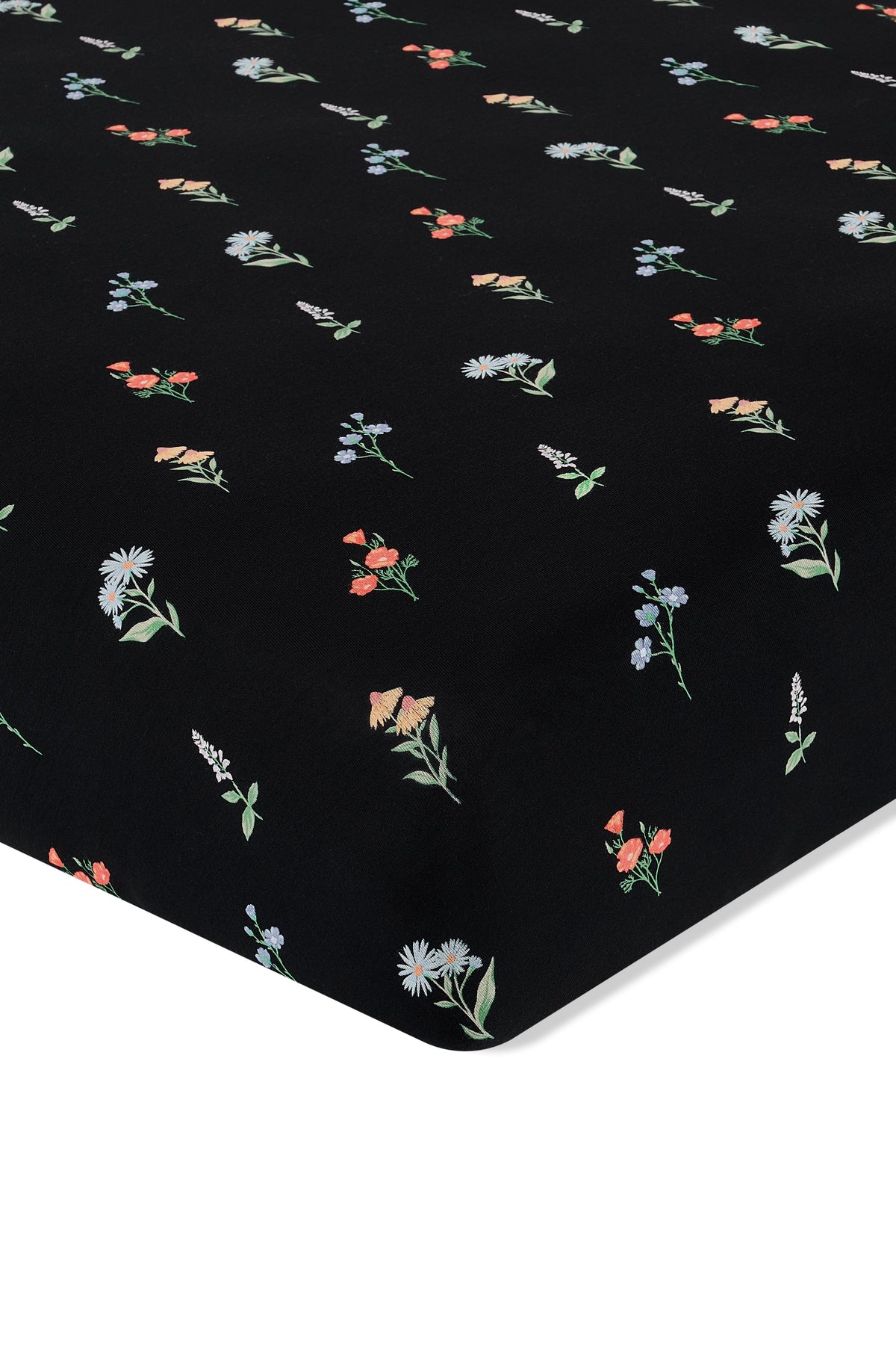 Black Twin Sheet in Wildflower print on a white background