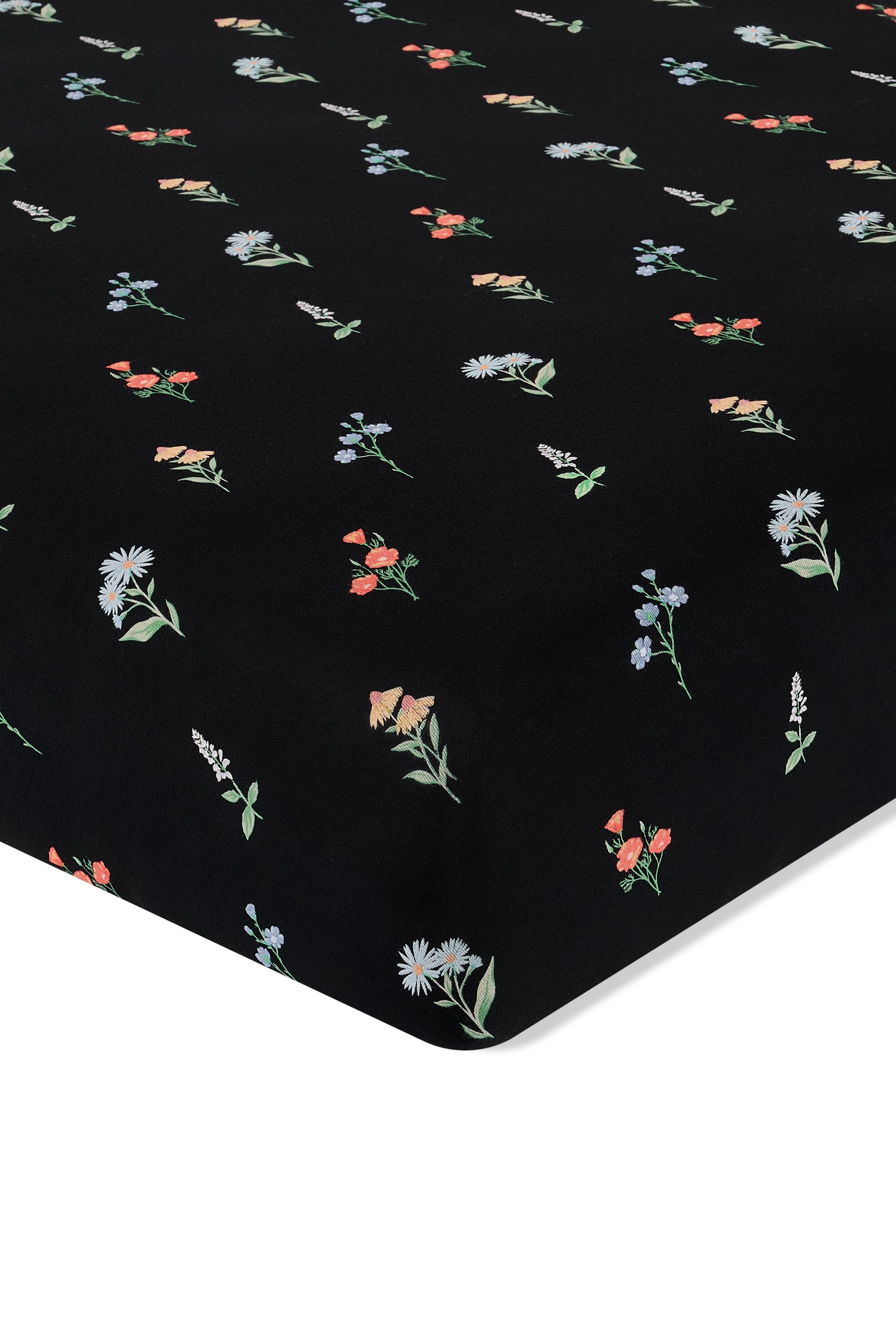 Black Twin Sheet in Wildflower print on a white background