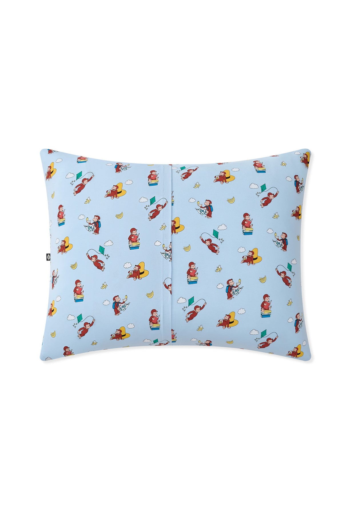Back side of Blue Standard Pillowcase in Curious George print on a white background
