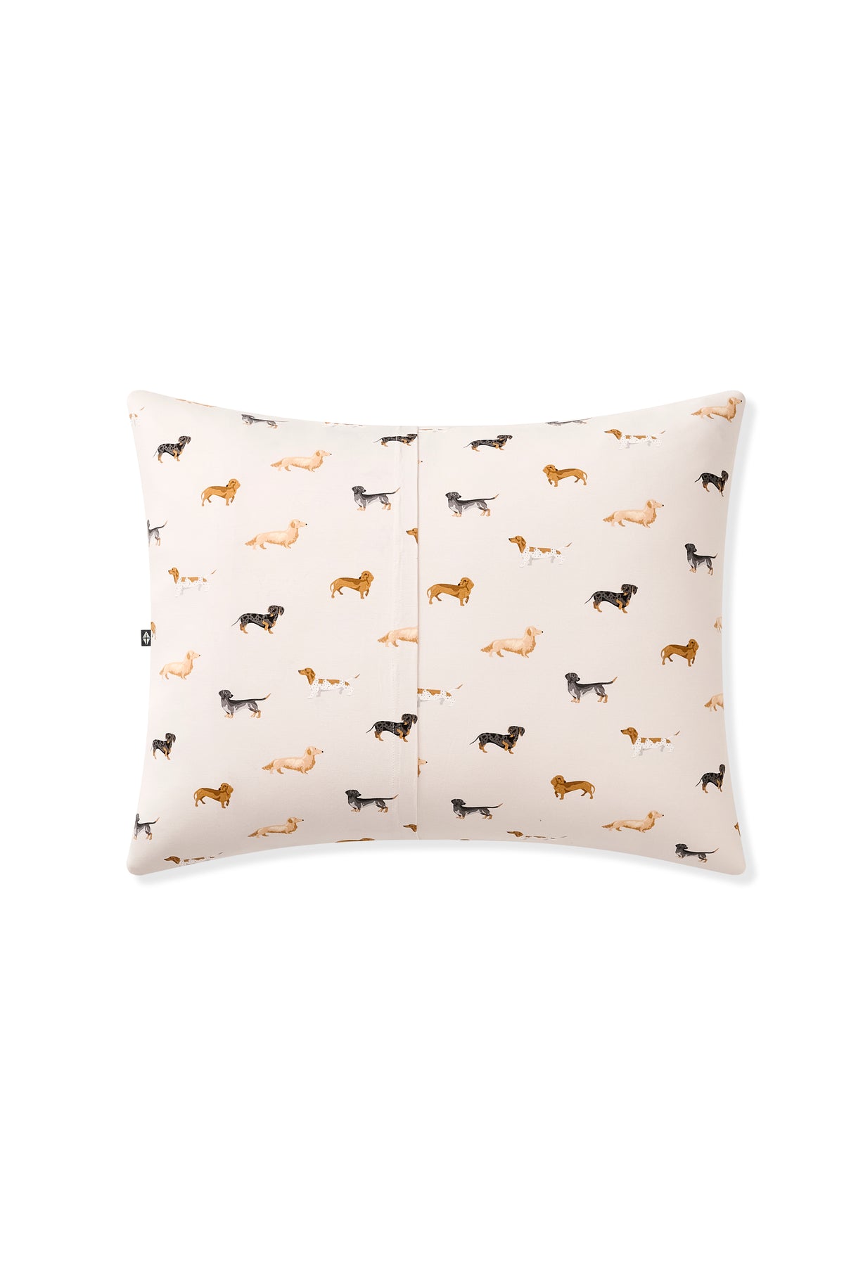 Back side of Standard Pillowcase in Dachshund print on a white background