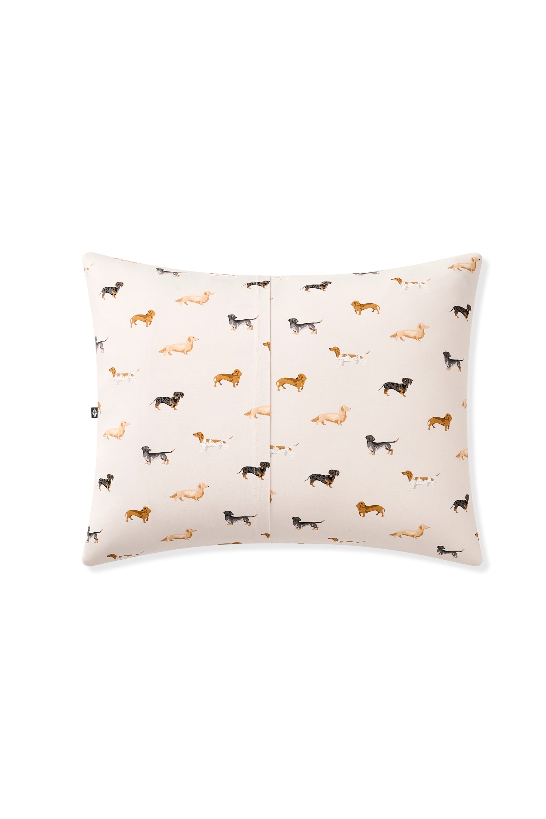 Back side of Standard Pillowcase in Dachshund print on a white background