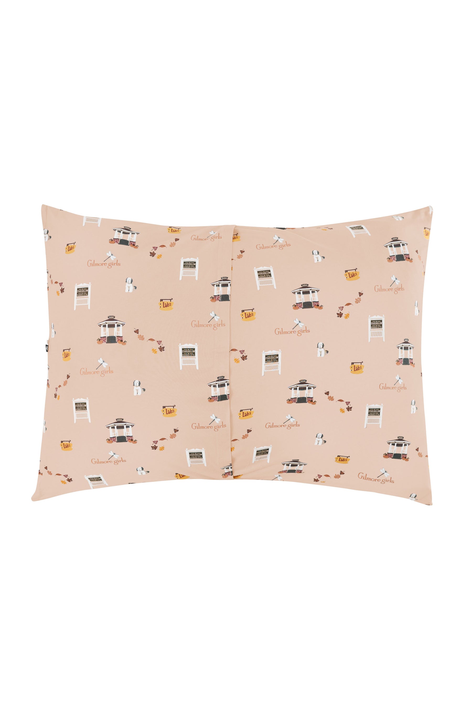 Pillowcase with envelope style closure with a Gilmore Girls design on a light beige background