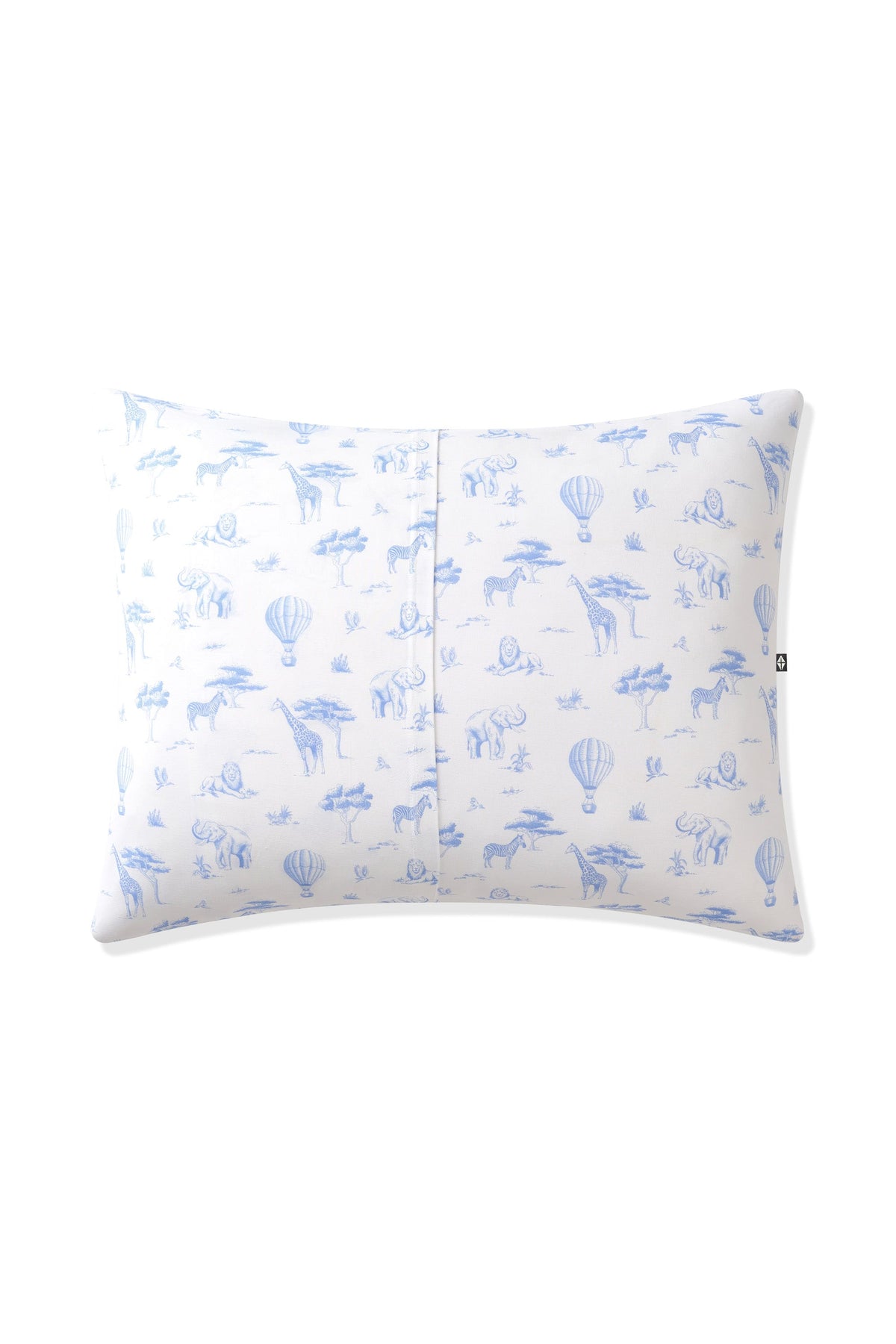 The back of the Toddler Pillowcase in Toile Safari showing the envelope closure on a pillow