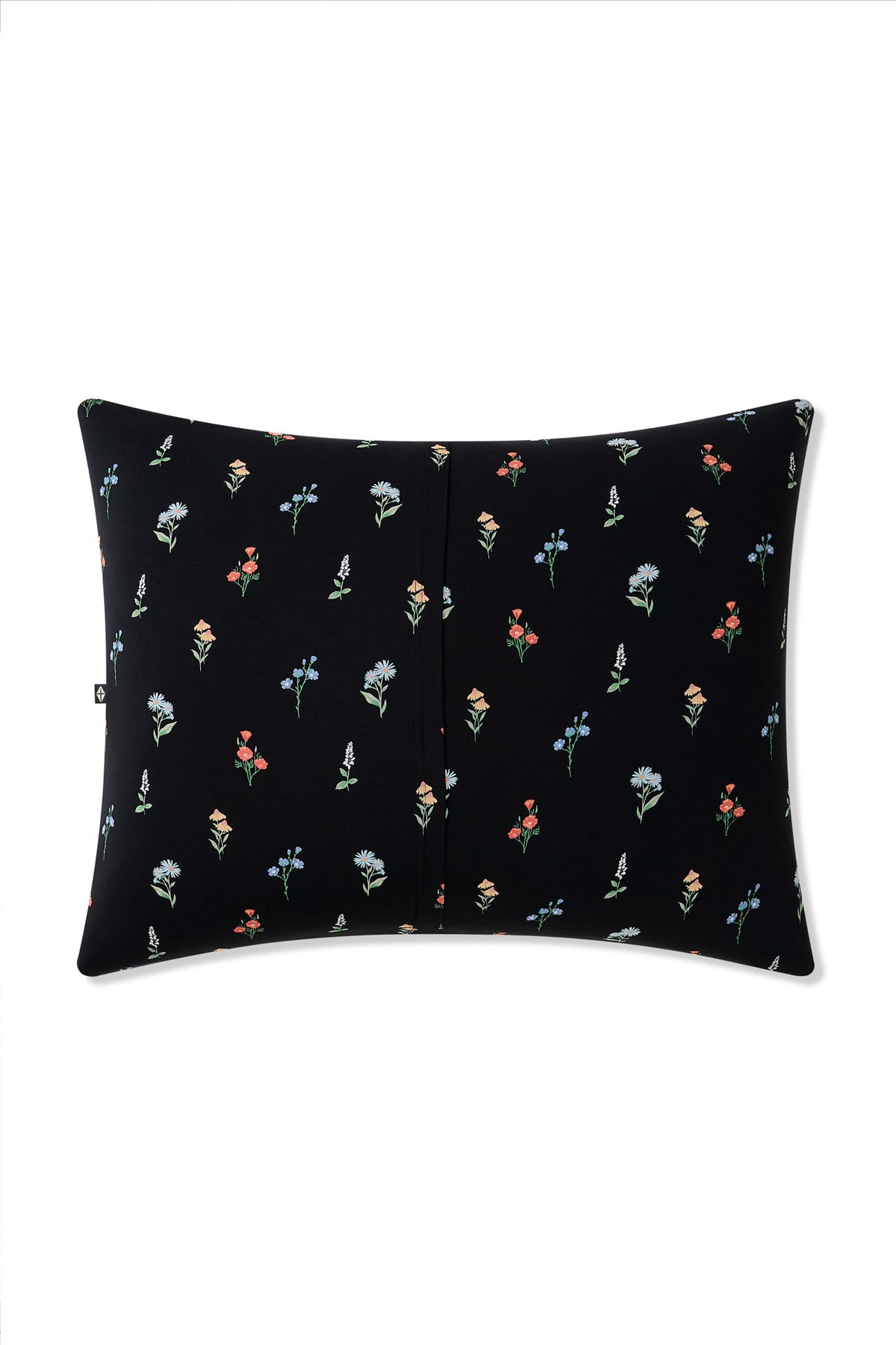 Back side of Black Standard Pillowcase in Wildflower print on a white background