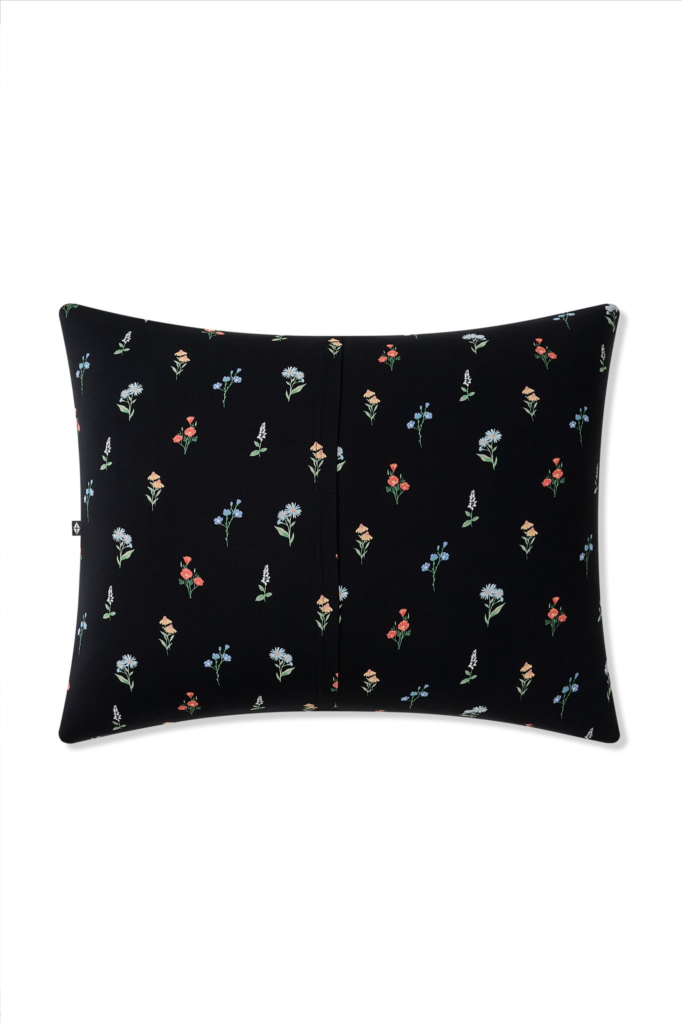 Back side of Black Standard Pillowcase in Wildflower print on a white background