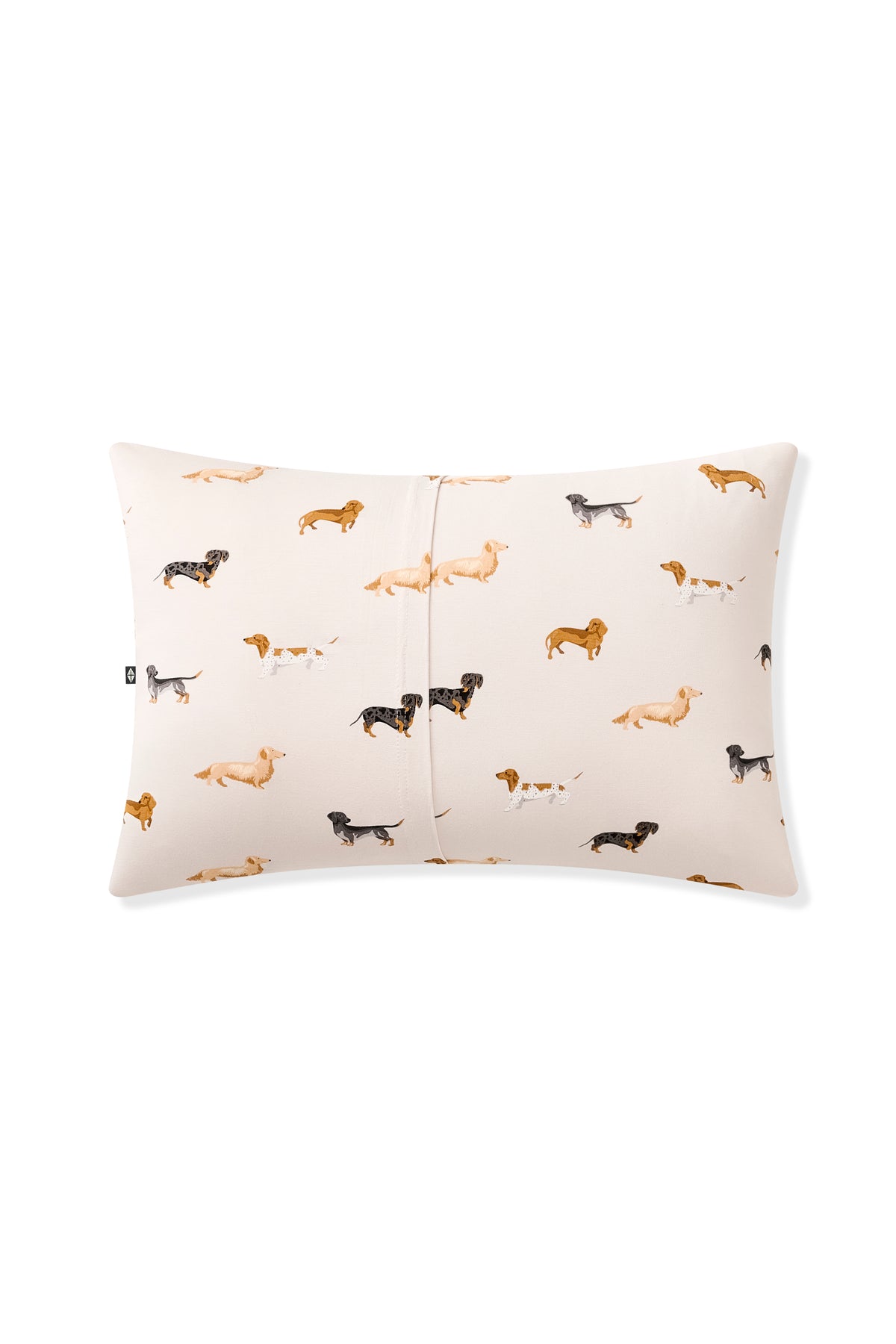 Back of Beige Toddler Pillowcase with Dachshund print on a white background