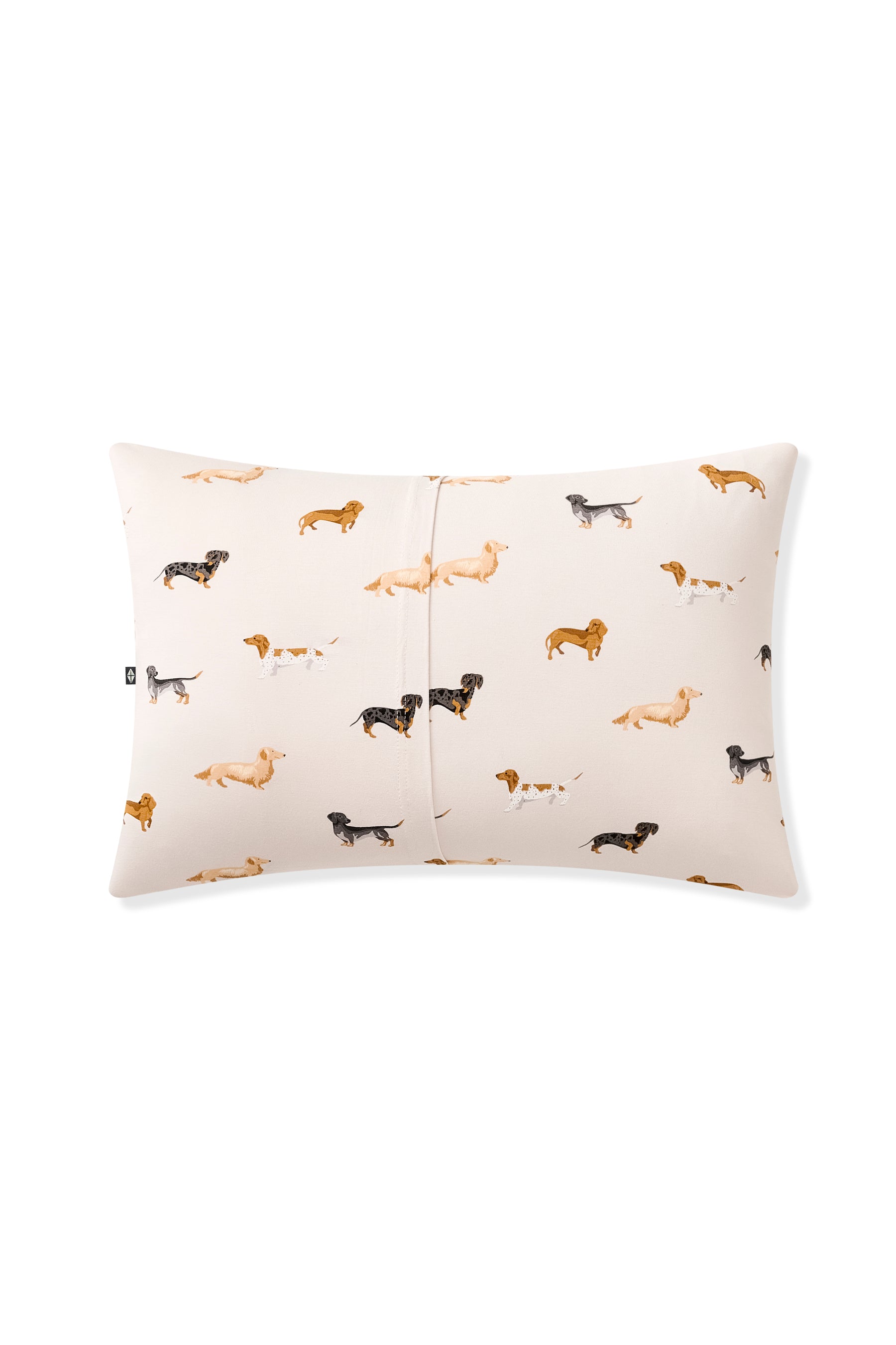Back of Beige Toddler Pillowcase with Dachshund print on a white background