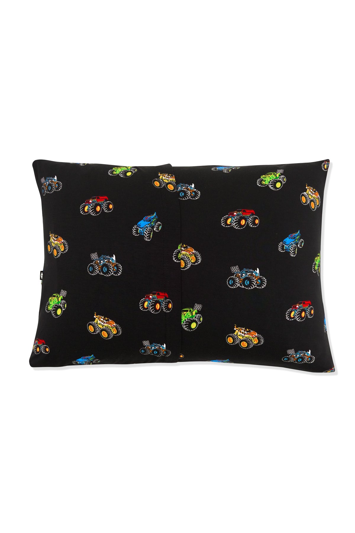 Back side of Toddler Pillowcase in Monster Truck print on white background