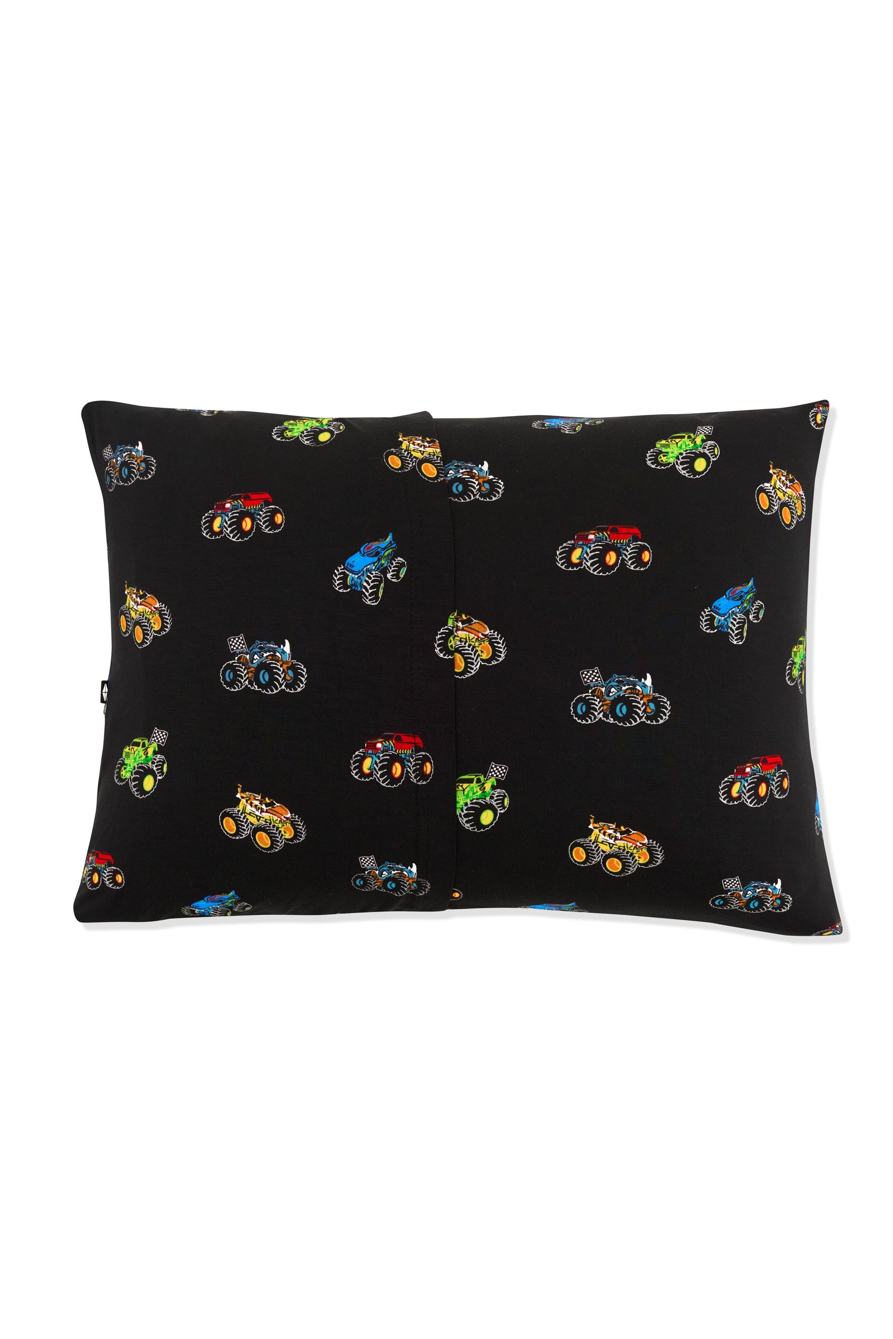 Back side of Toddler Pillowcase in Monster Truck print on white background
