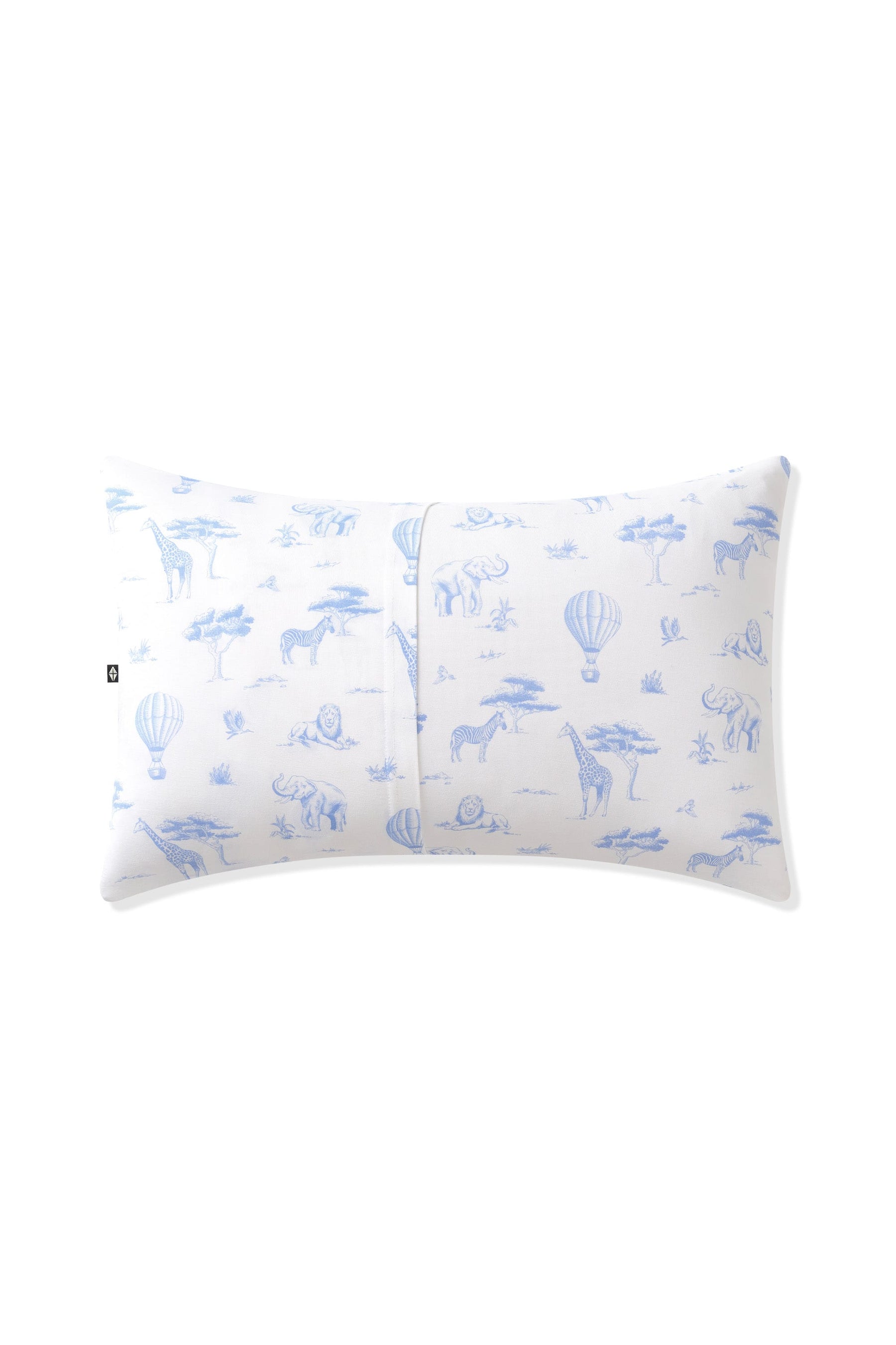 Back of the Standard Pillowcase in Toile Safari on a pillow showing the envelope closure