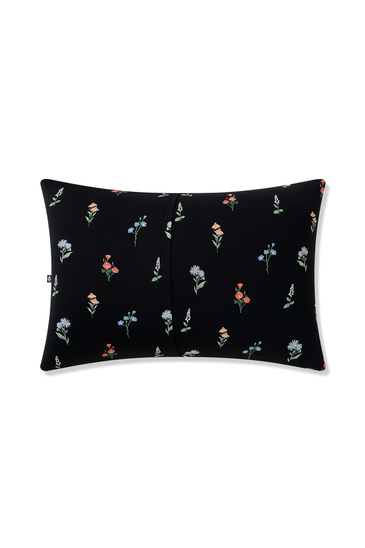 Back side of Black Toddler Pillowcase in Wildflower print on a white background