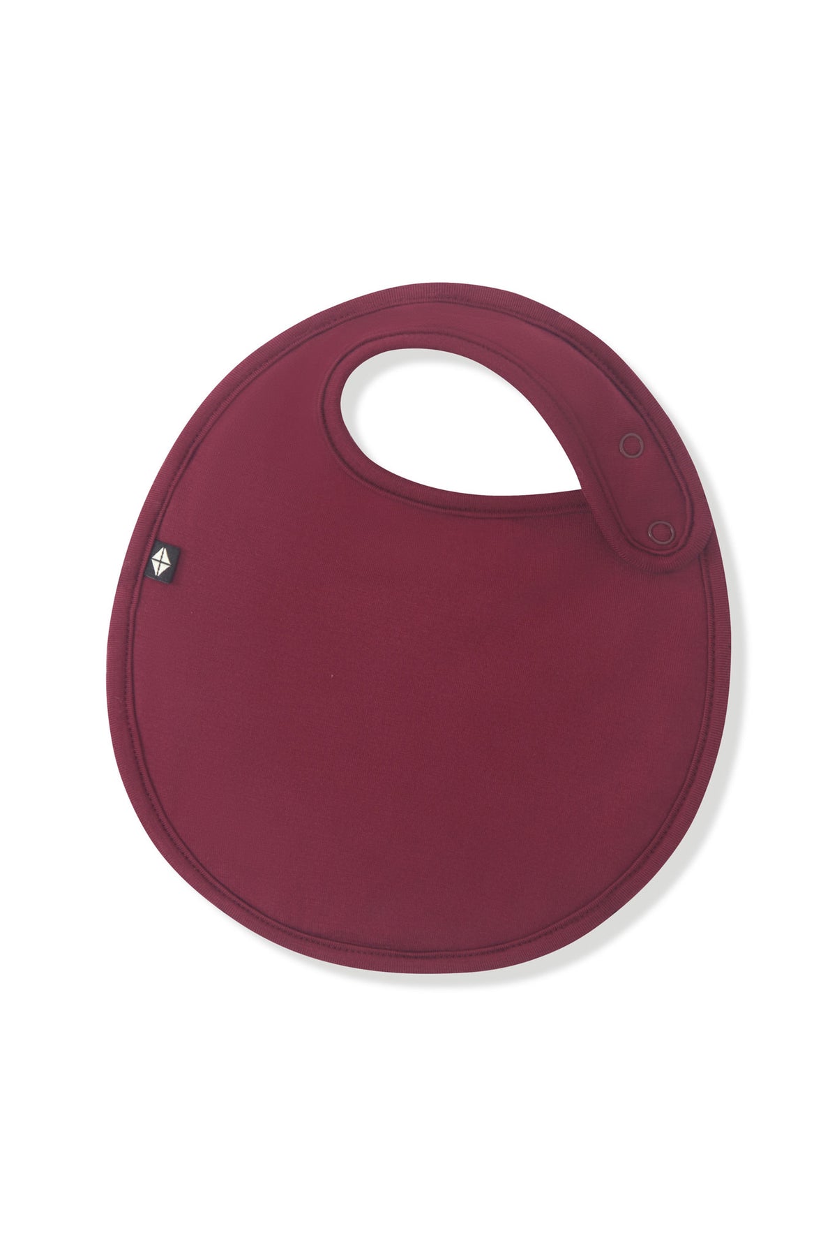 Front side of the Cushy Bib in Burgundy showing the snap closures on a white background