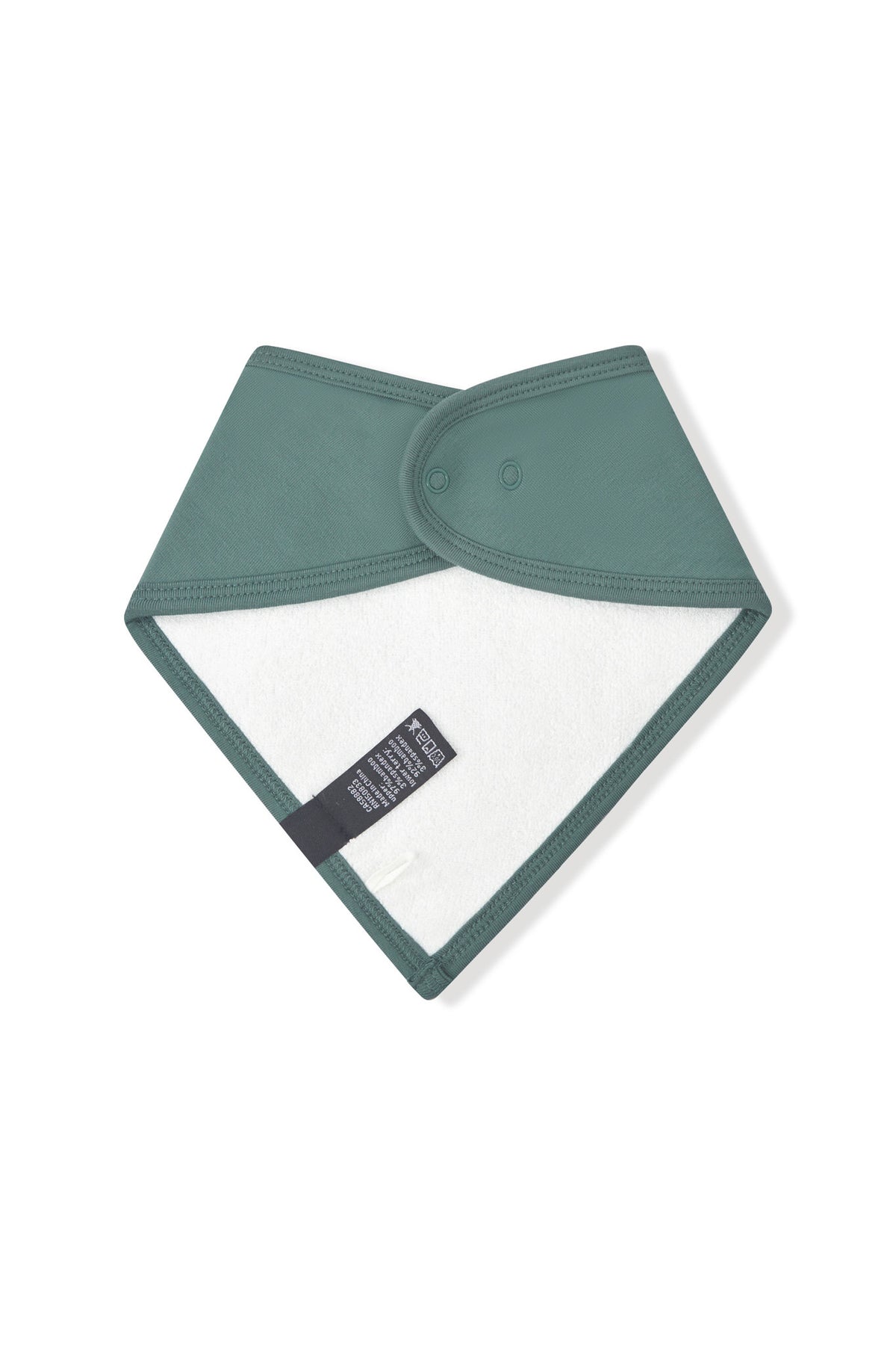 Back side of Bib in Pine with snap closure on a white background