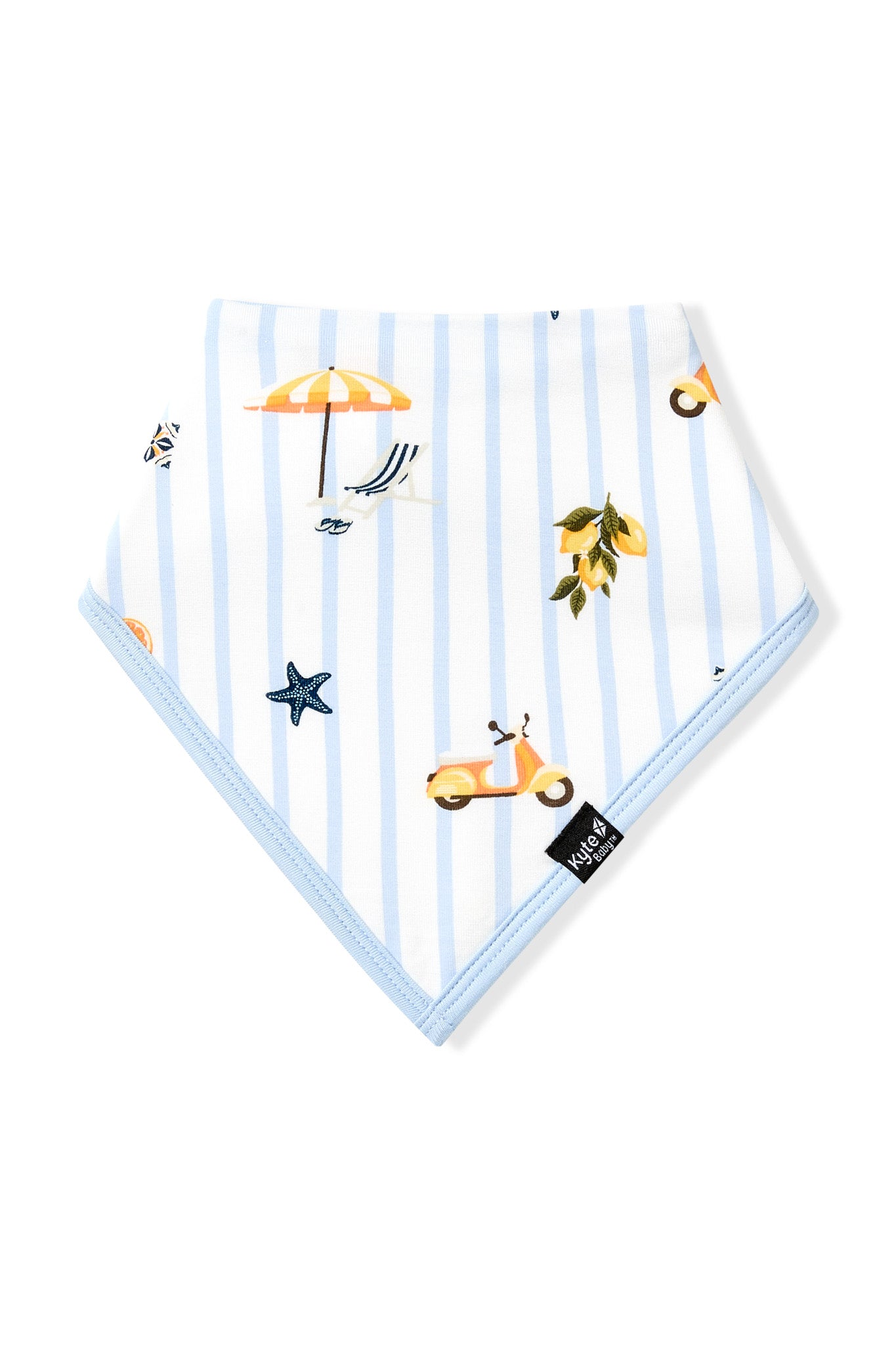 The front of the Bib in Amalfi Coast showing the light blue trim and black Kyte Baby logo