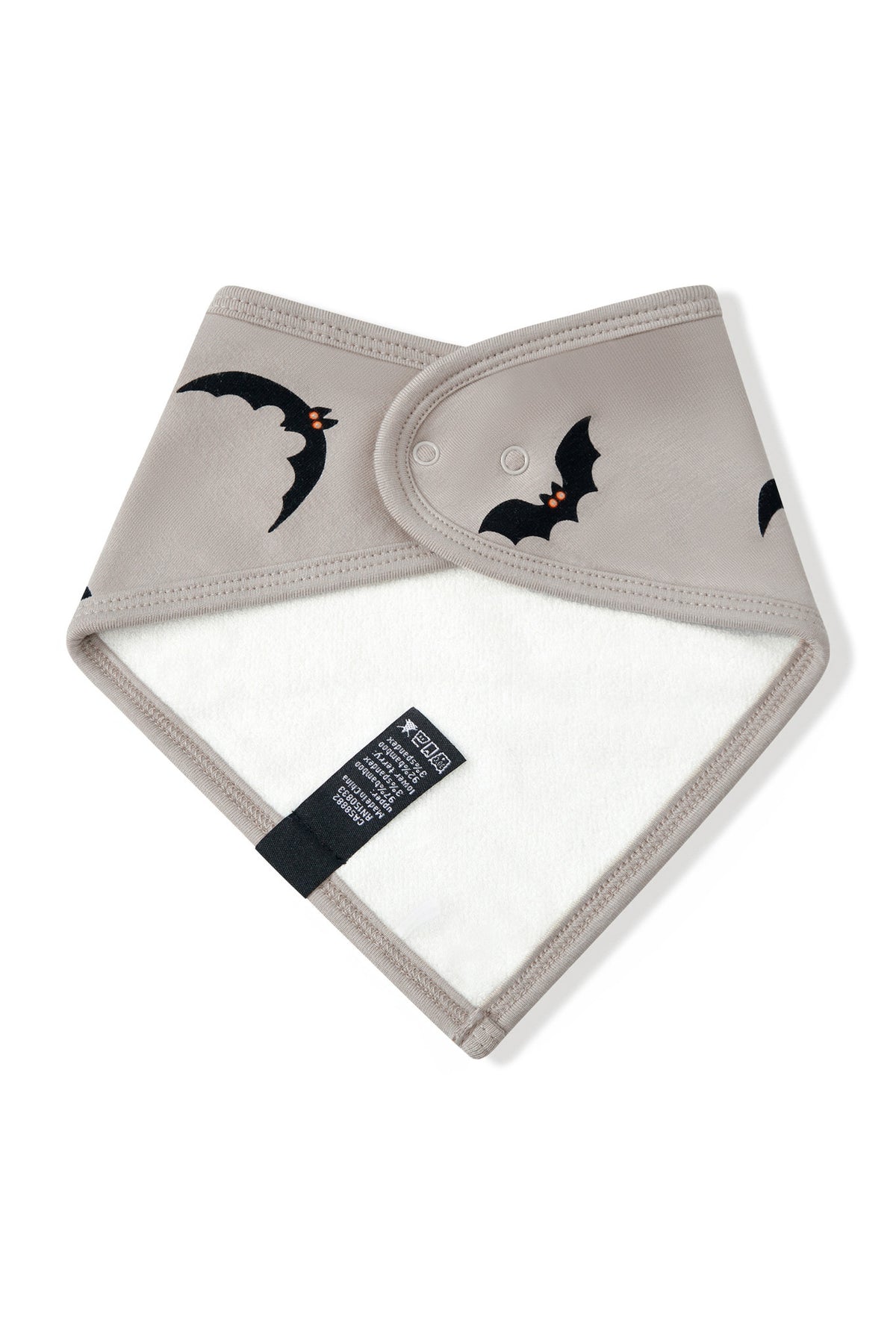 Back side of Bib in Bats print on a white background