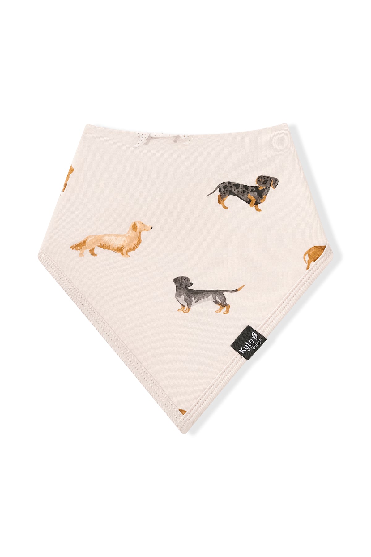 Beige Bib with Dachshund print on a white background