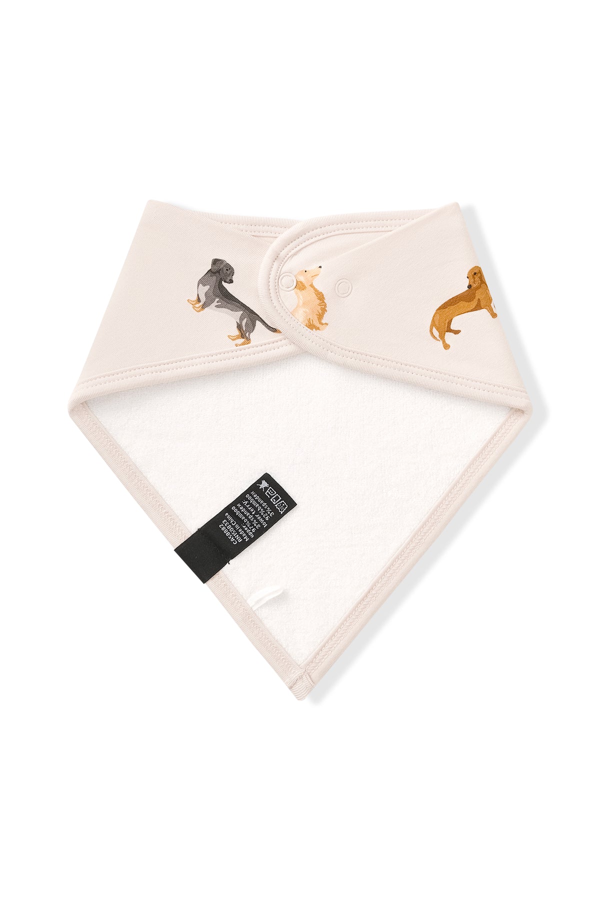 Back side of Beige Bib with Dachshund print on a white background