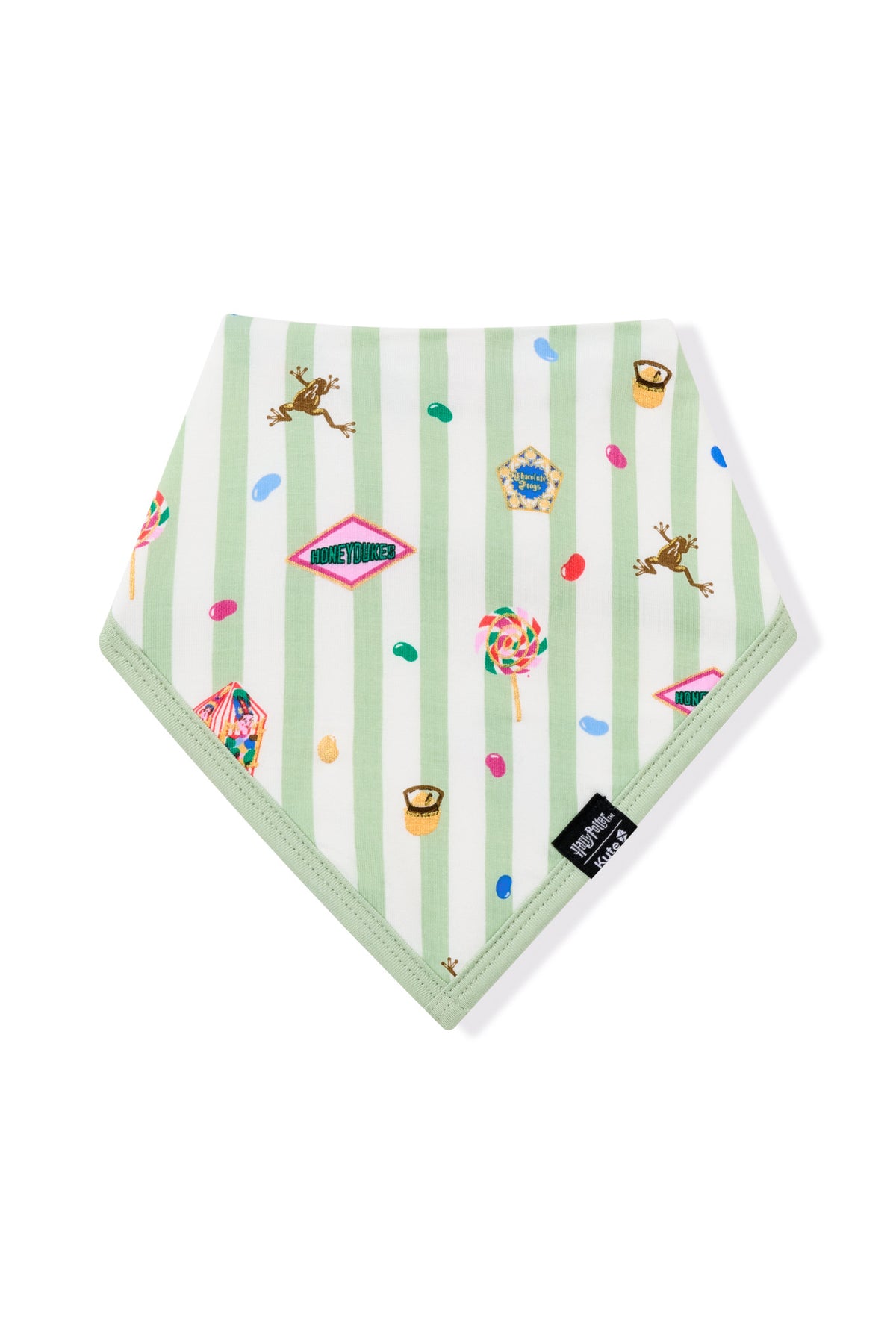 Green and white striped bib with colorful Harry Potter patterns on a white background
