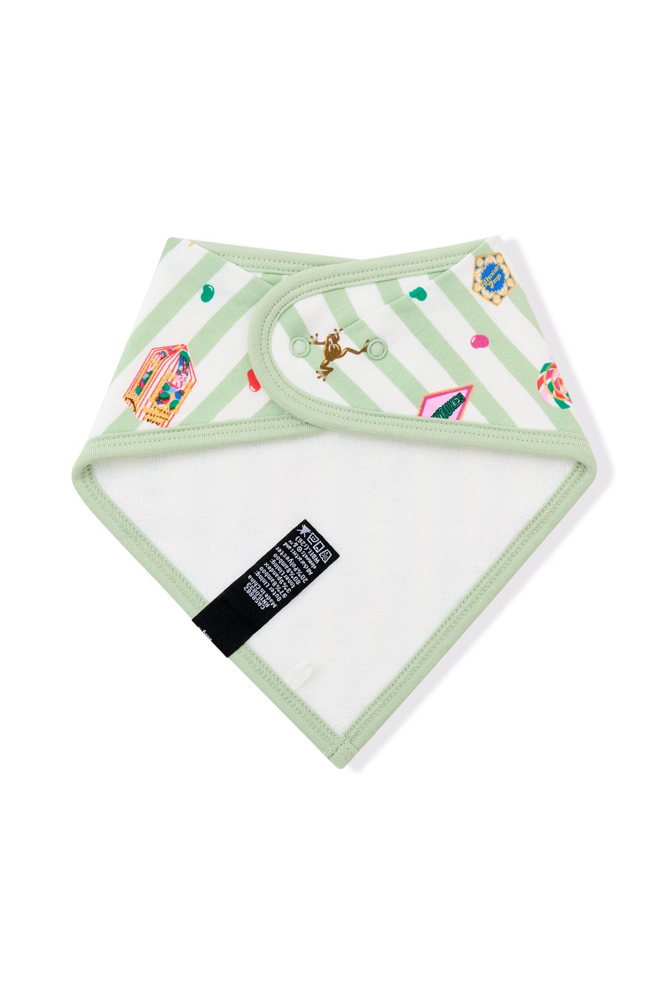 White fabric on Back side of green and white striped bib with colorful Harry Potter patterns on a white background