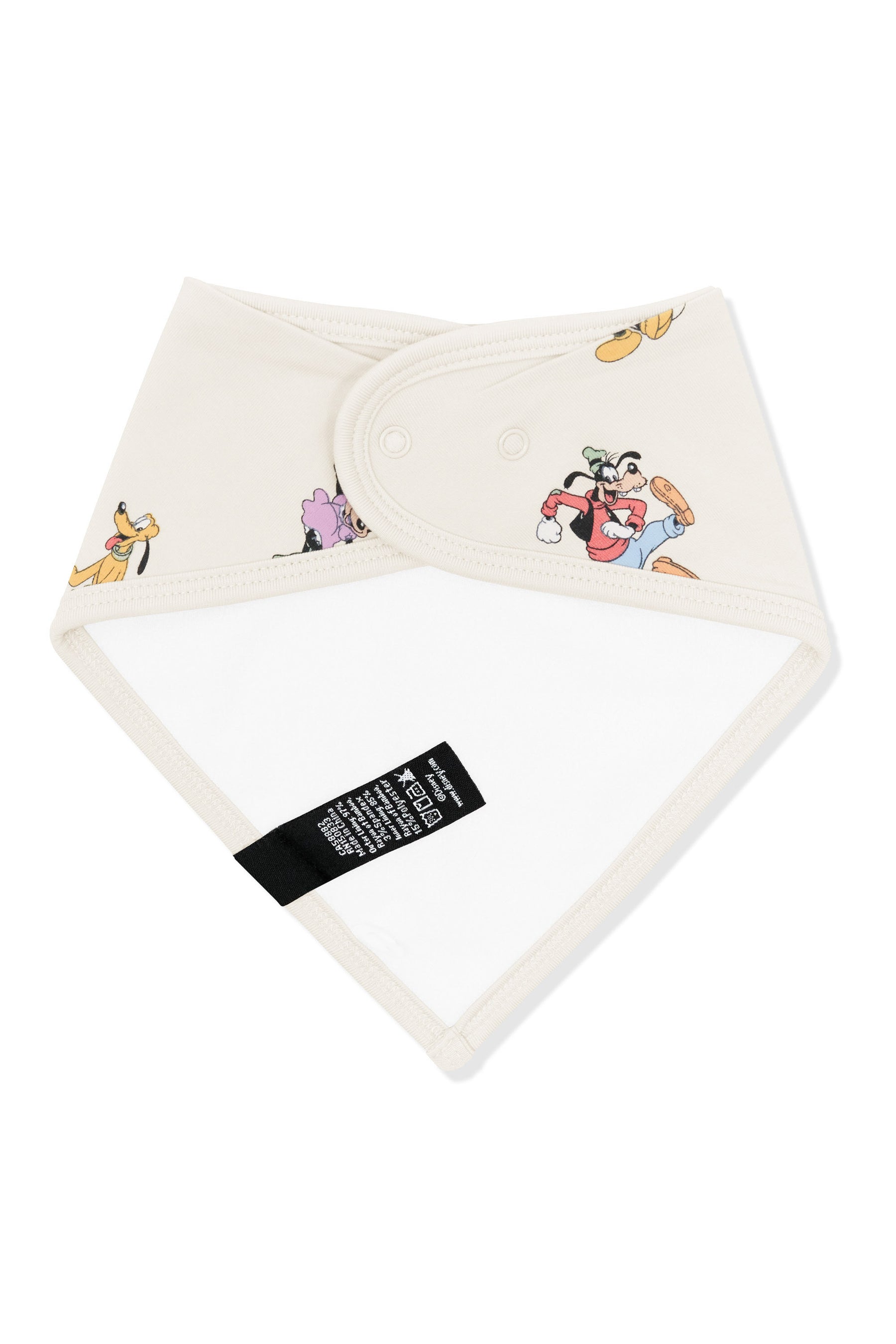 Back side fabric of bib with mickey mouse and friends print on an oat background