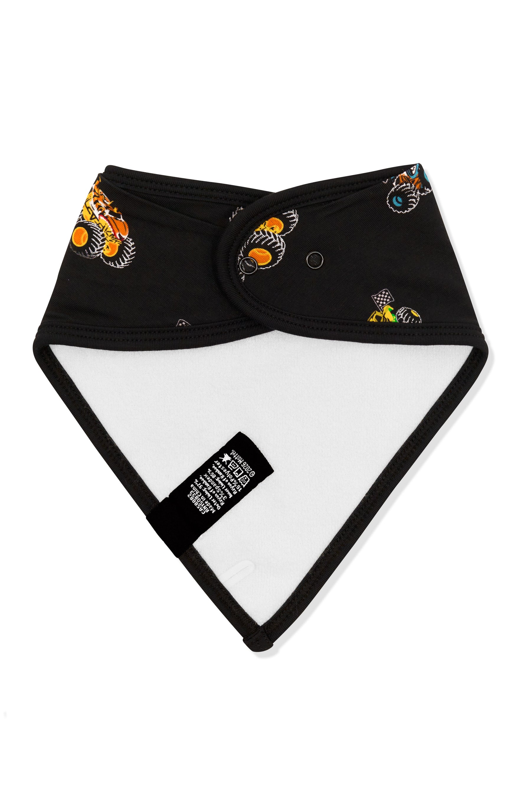 Back side of Bib in Monster Truck print on white background