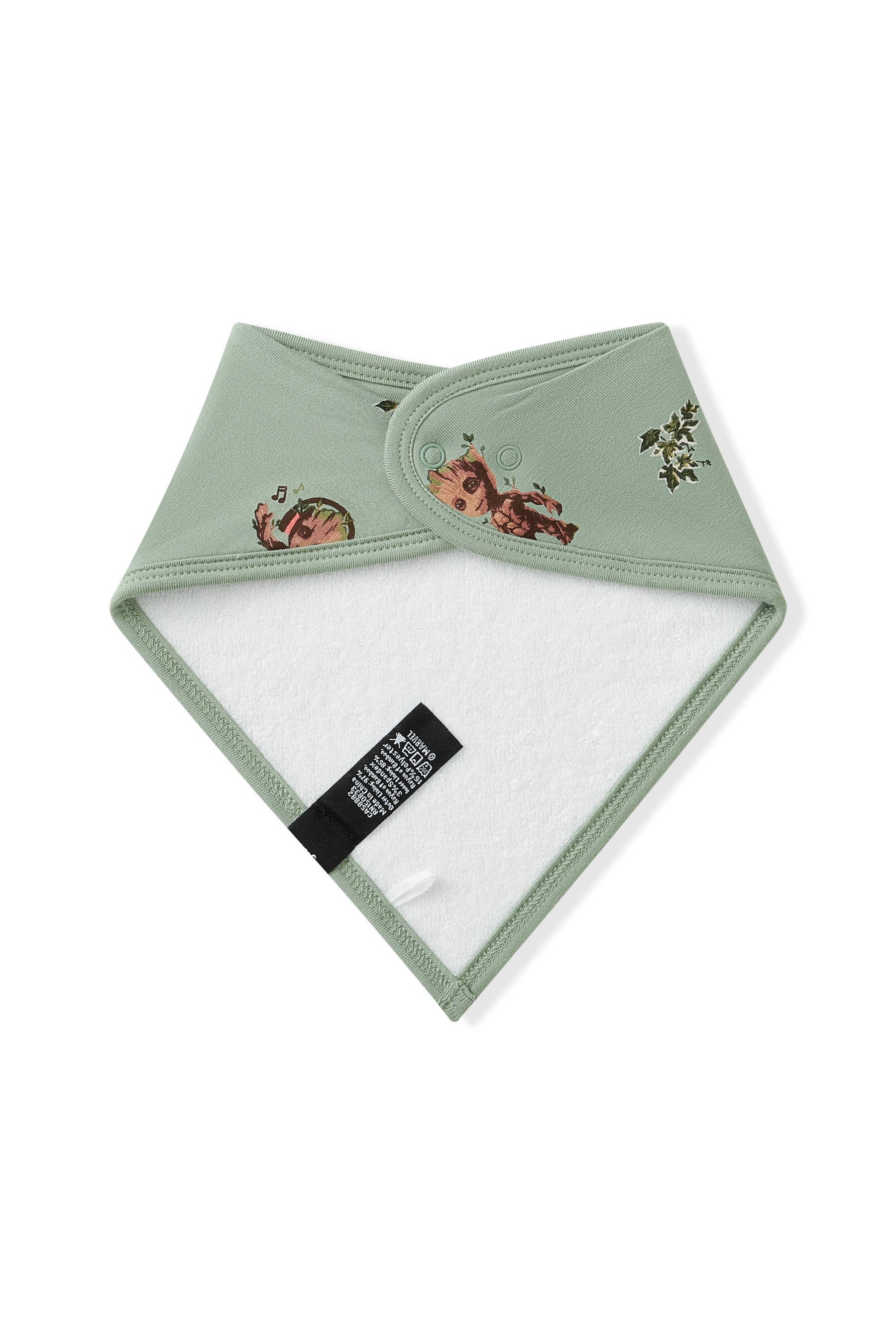 Back side of Green Bib with Groot print on white background