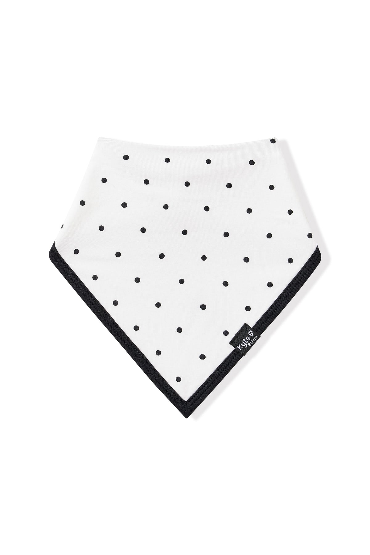 Bib in Midnight Polka Dot with black trim on white background