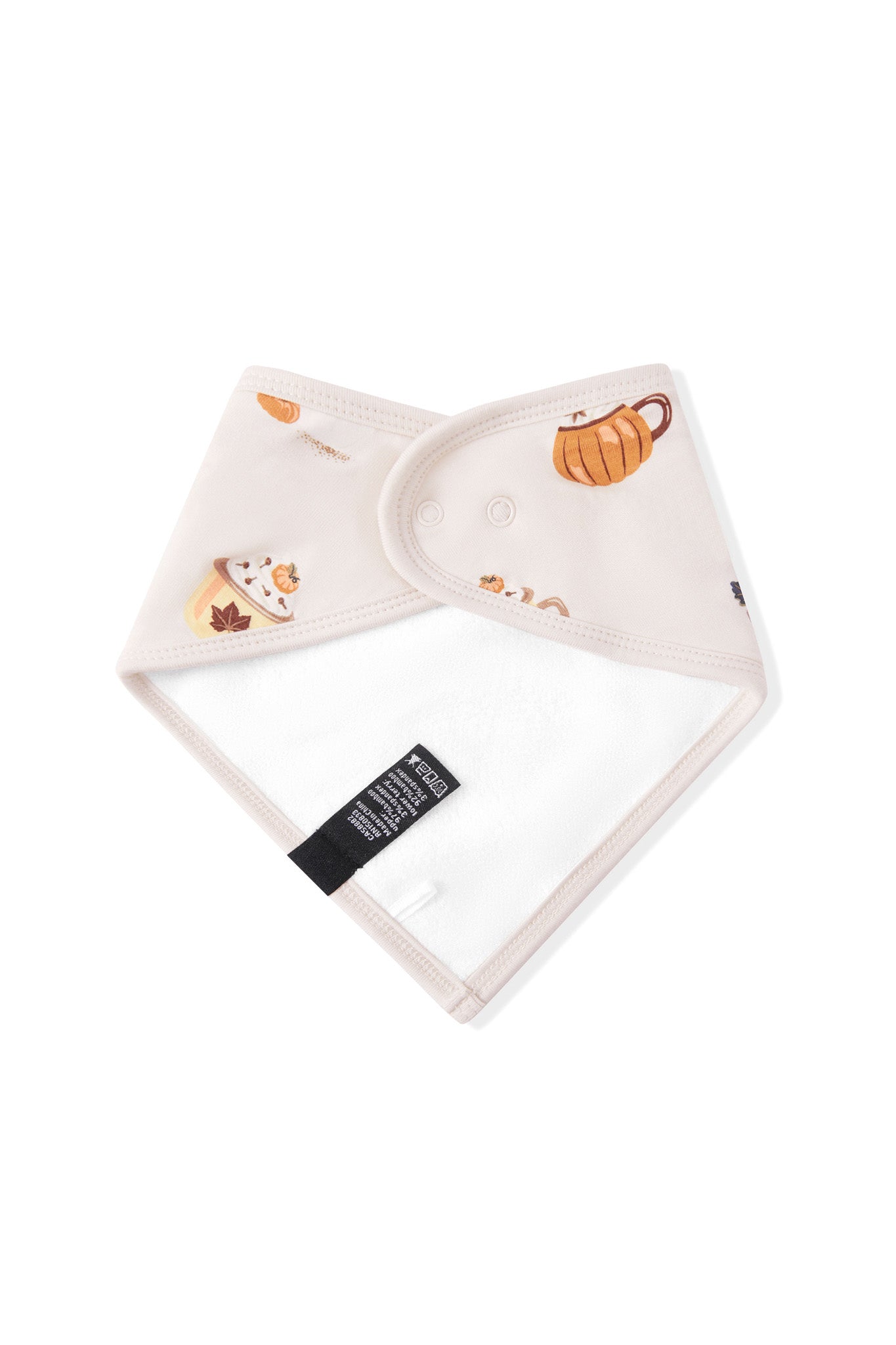 Back side of Bib in Pumpkin Spice Latte print on a white background