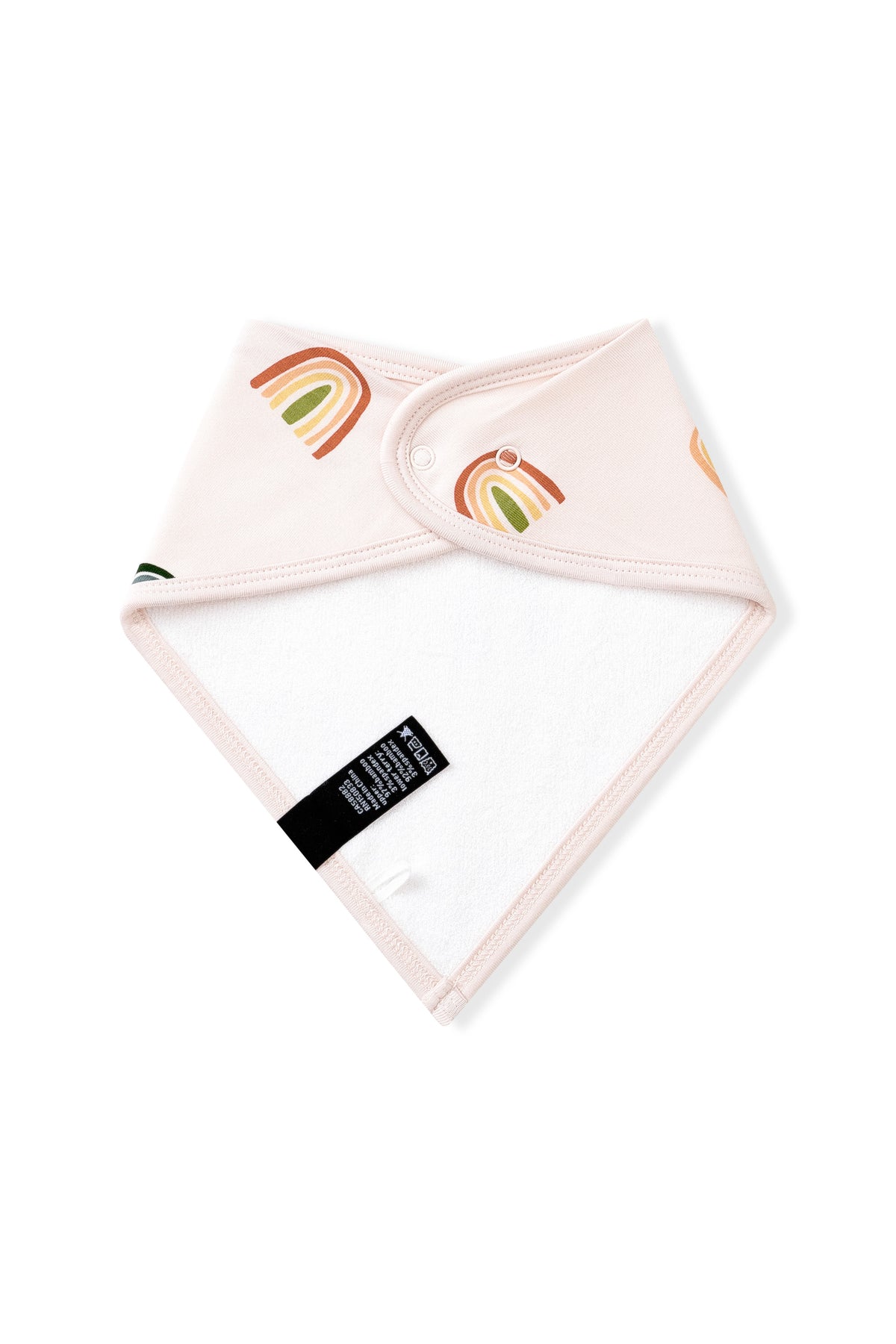 White fabric on the back side of Vanilla cream Bib in Retro Rainbow print on a white background