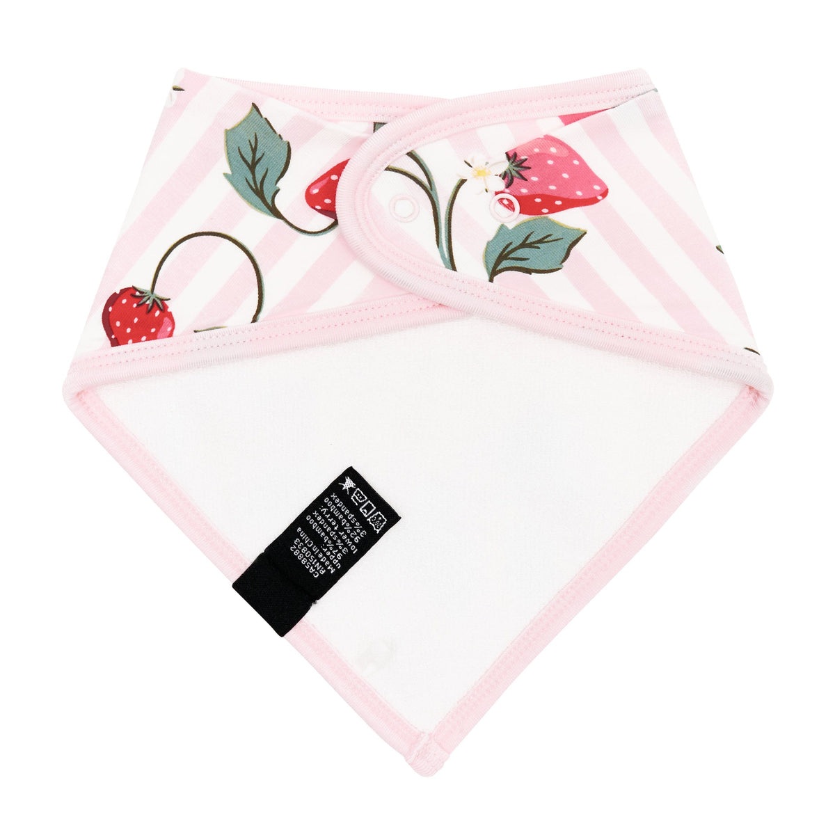 The back of the Bib in Strawberry Fields showing the snap closures and absorbent bamboo terry fabric