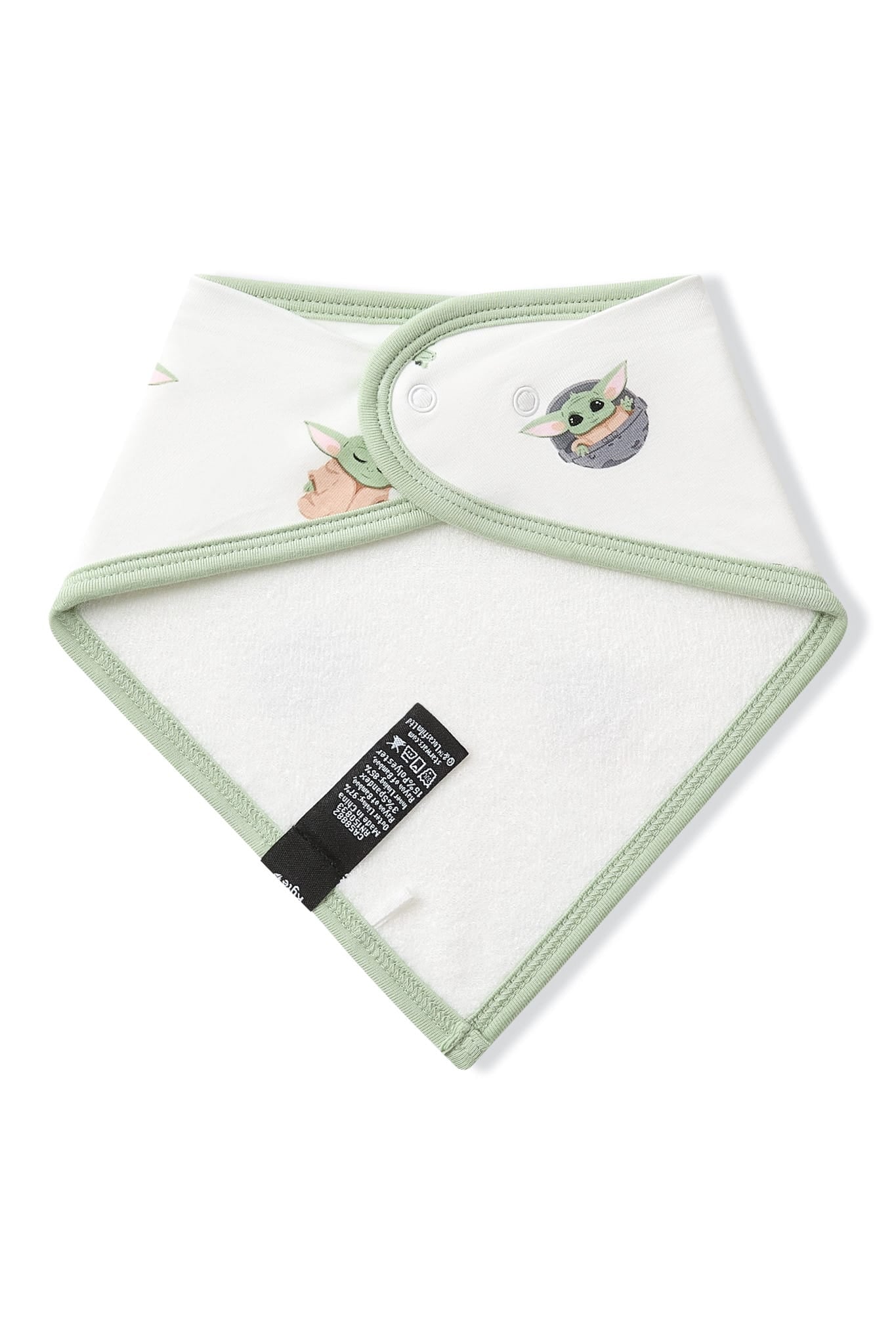 Back of the Bib in Grogu™ showing the snap closures and bamboo terry backing