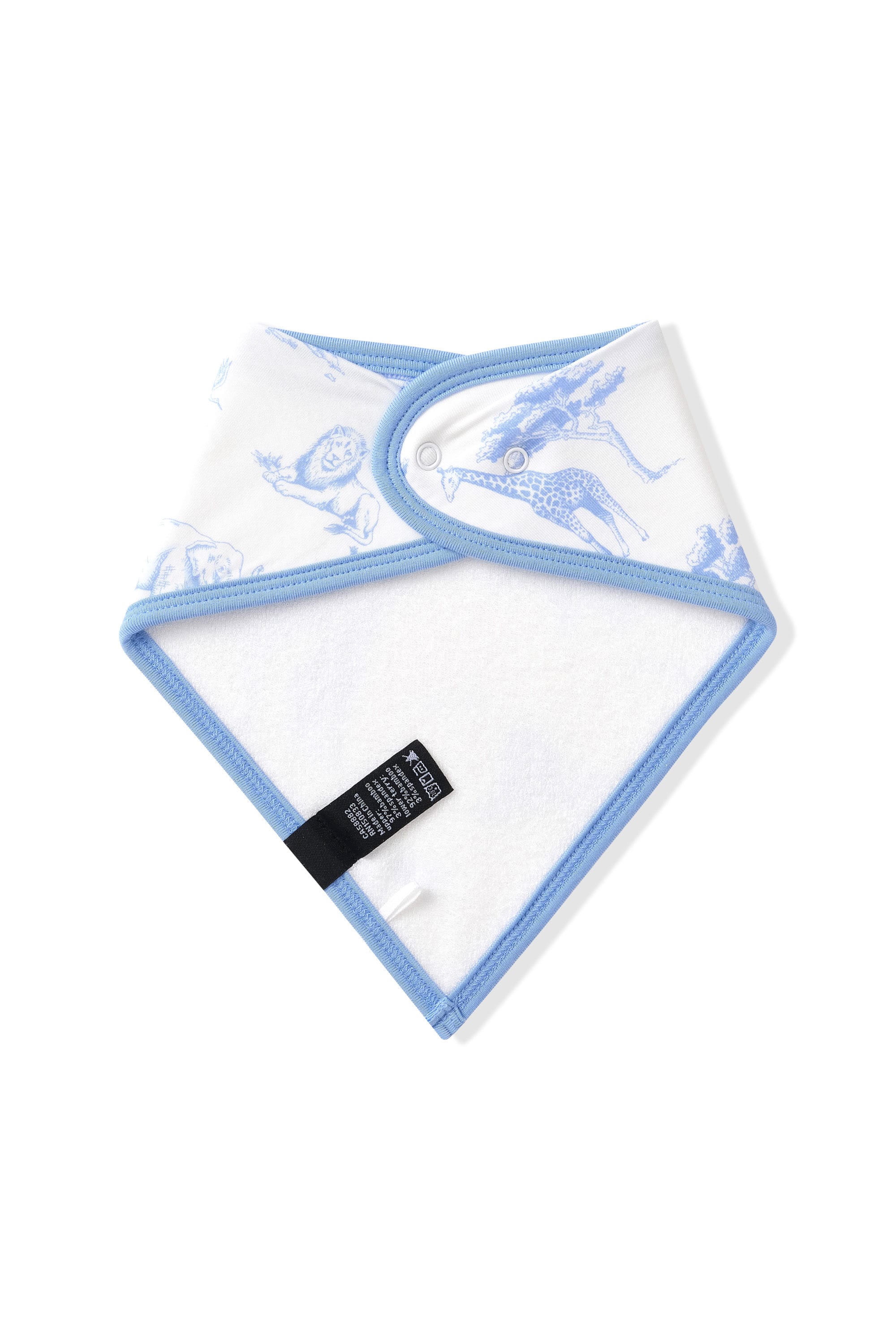 The back of the Bib in Toile Safari showing the bamboo terry backing and snap closures