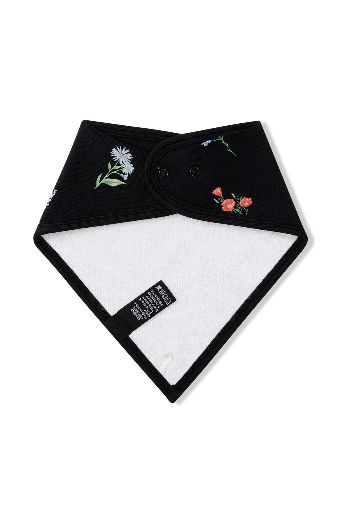 Back side of Black Bib in Wildflower print on a white background