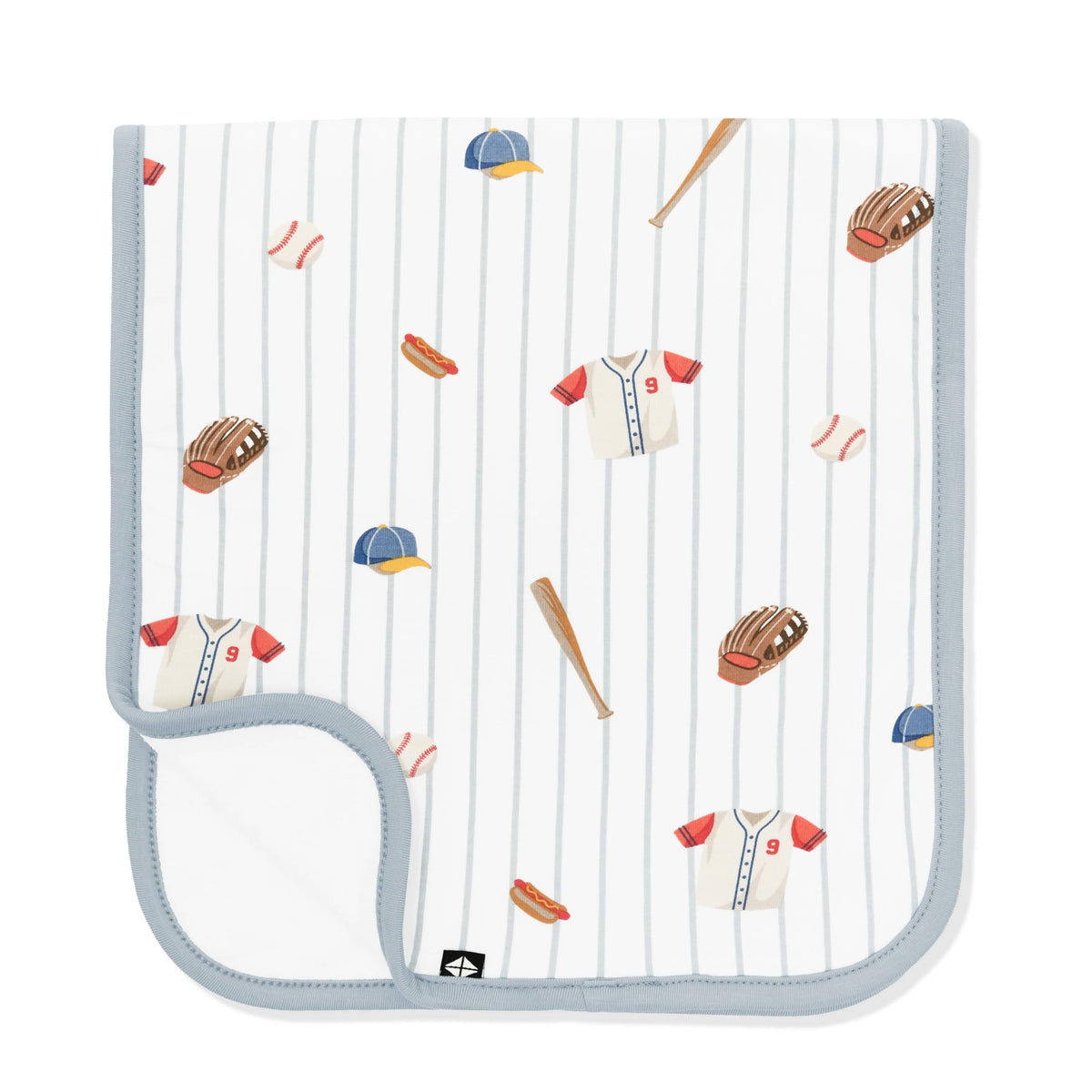 Burp Cloth in Home Run folded in half with the corner flipped up