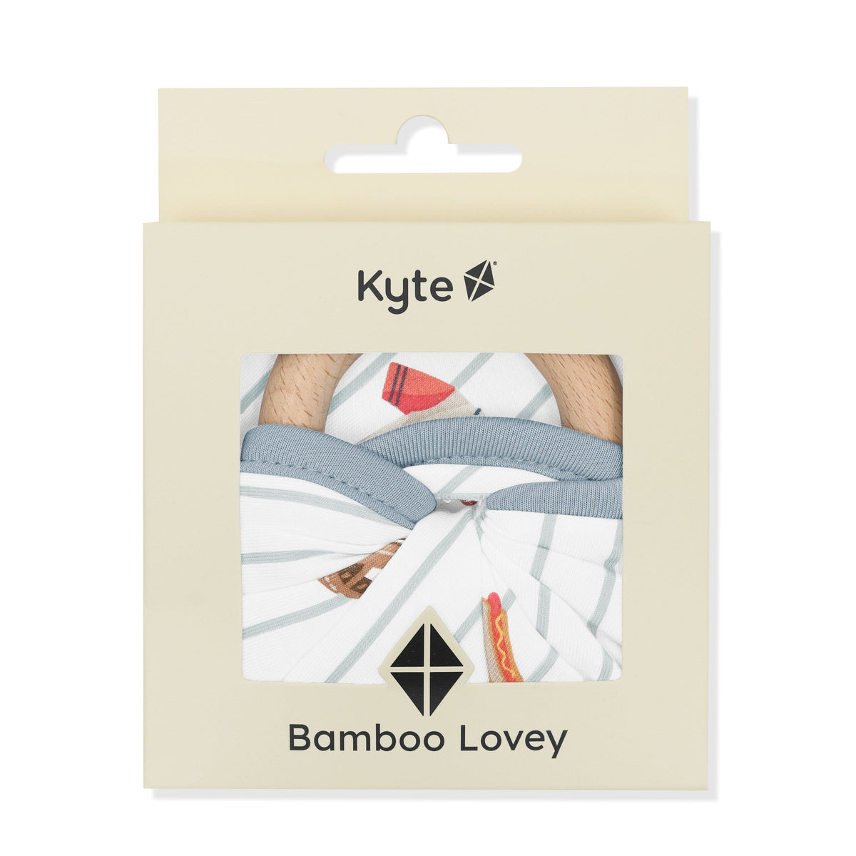 Lovey in Home Run with Removable Wooden Teething Ring shown in its box packaging