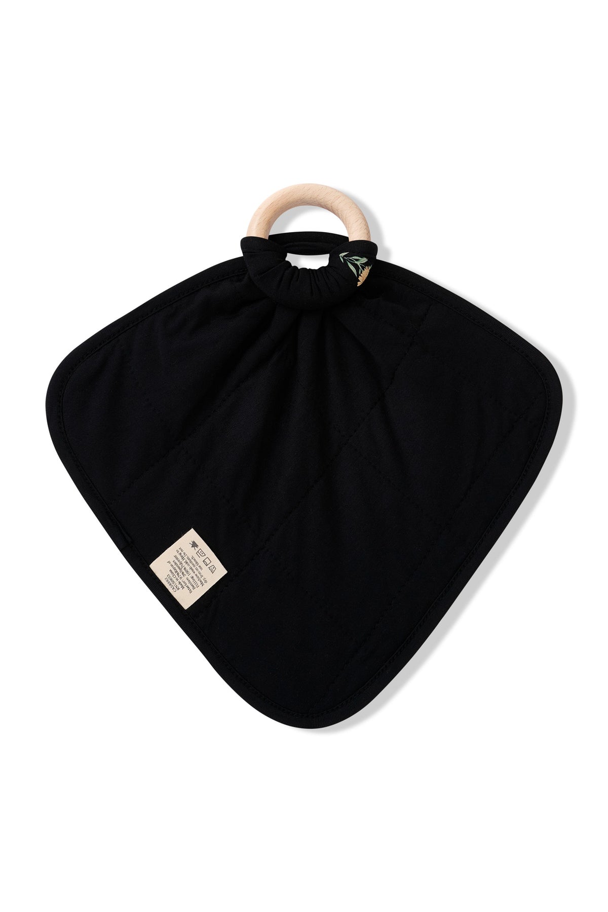 Back side of Black Lovey in Wildflower print with Removable Wooden Teething Ring on a white background