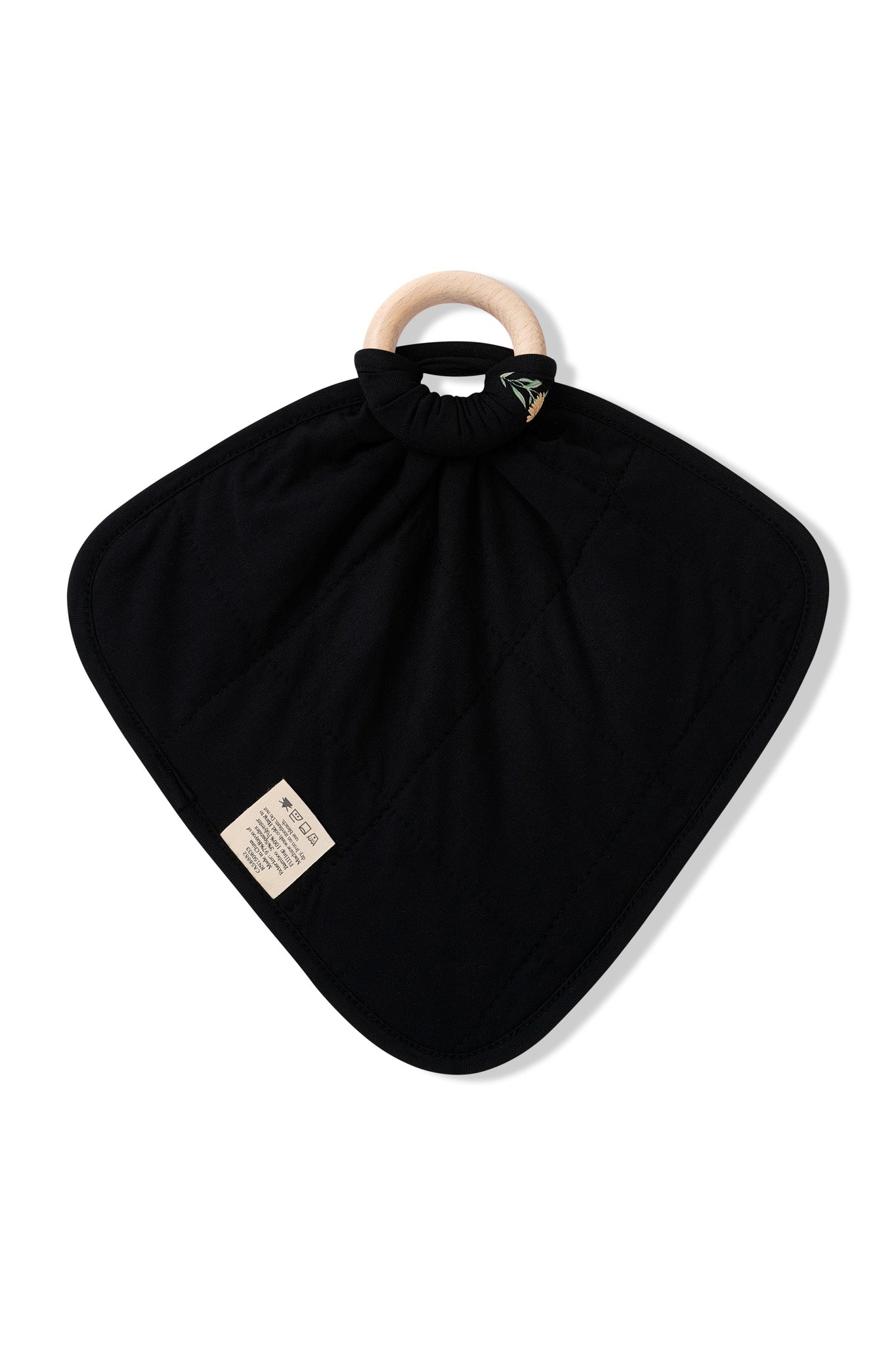 Back side of Black Lovey in Wildflower print with Removable Wooden Teething Ring on a white background