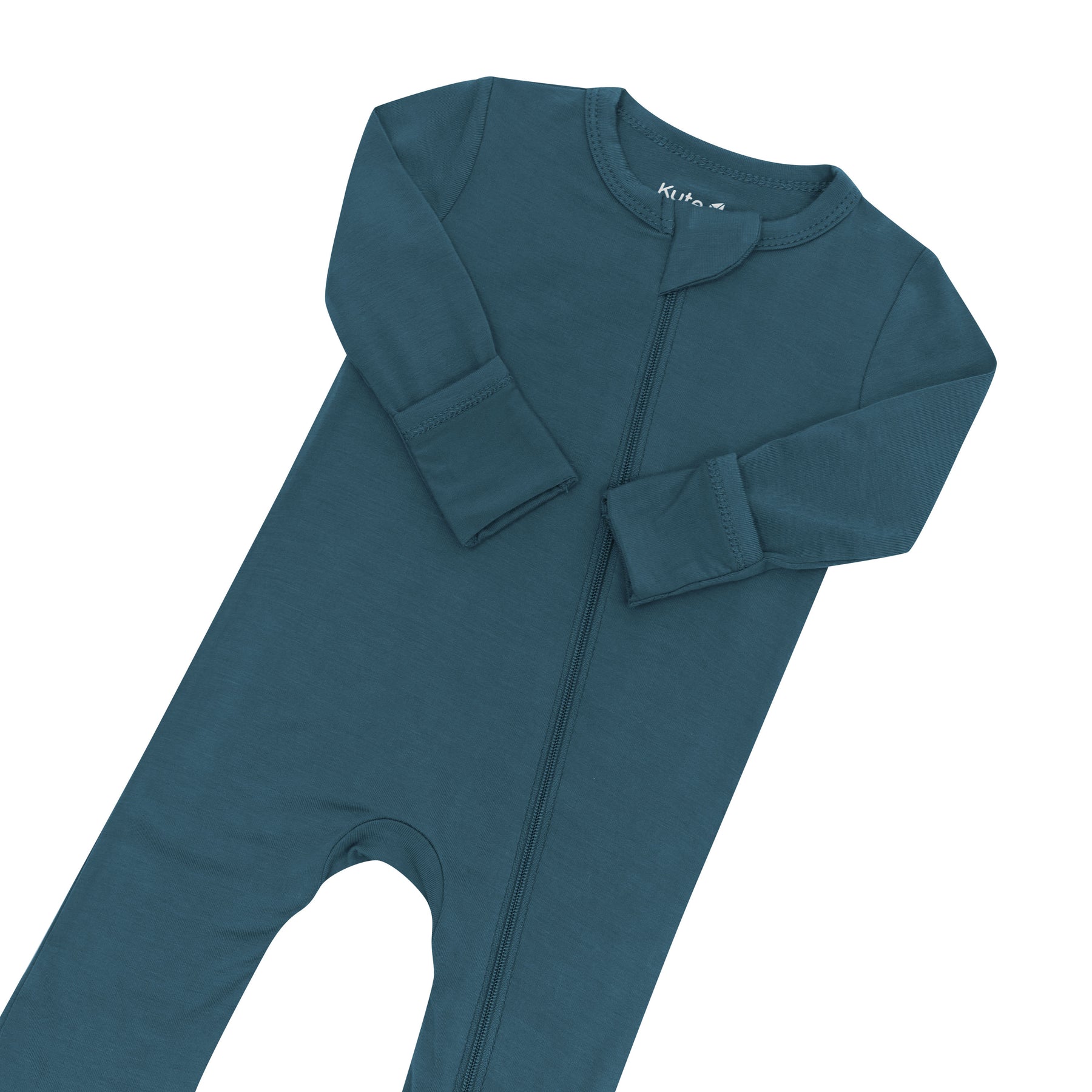 Zipper garage and fold over hand cuffs shown on the Zippered Romper in Atlantic
