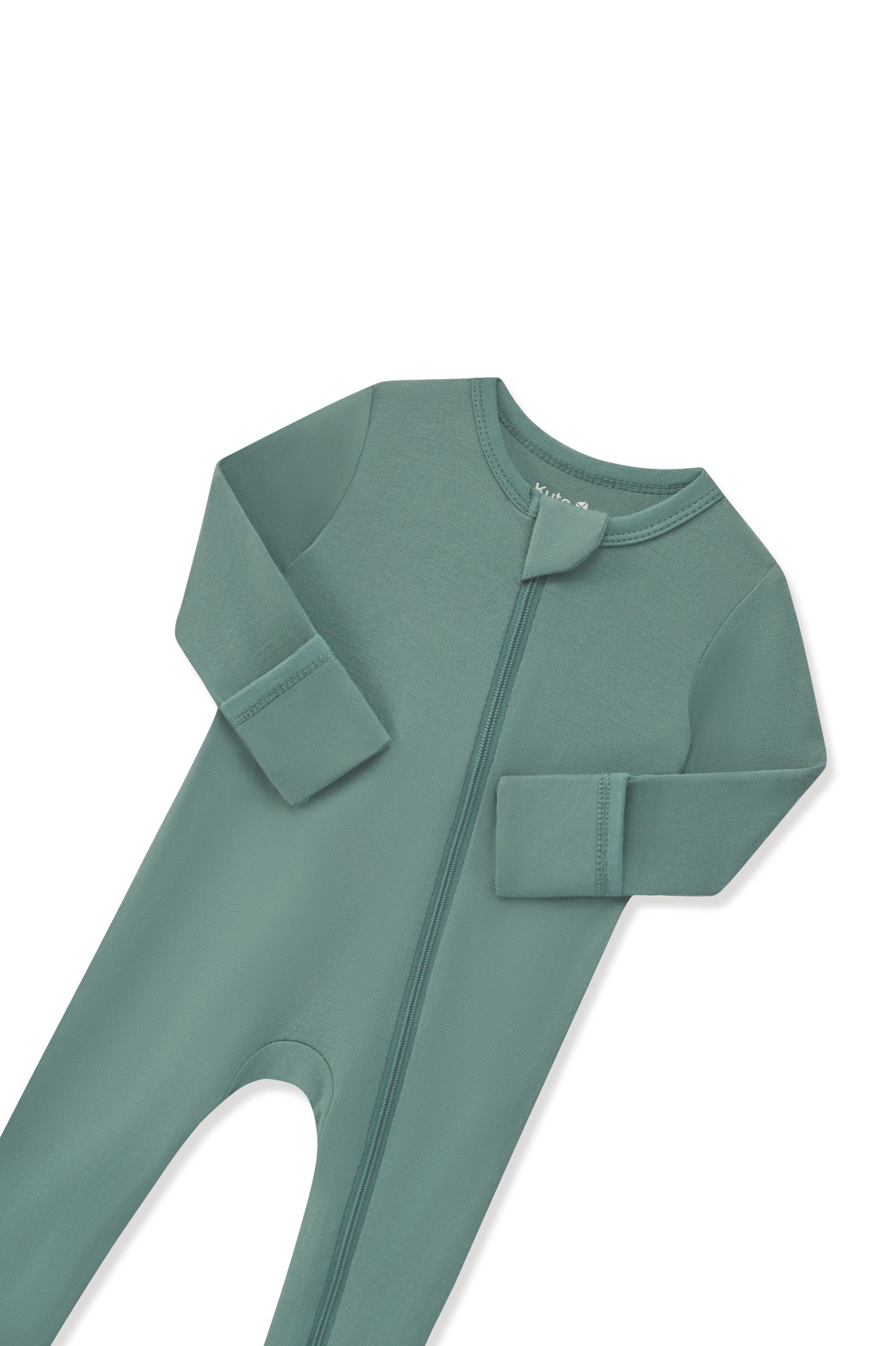 Close up of the zipper garage and fold over hand cuffs on the Zippered Romper in Pine on a white background