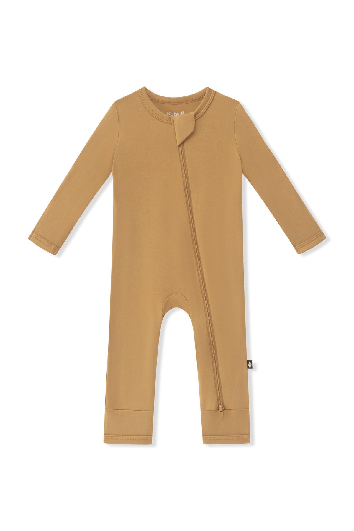 Zippered Romper in Ochre on a white background